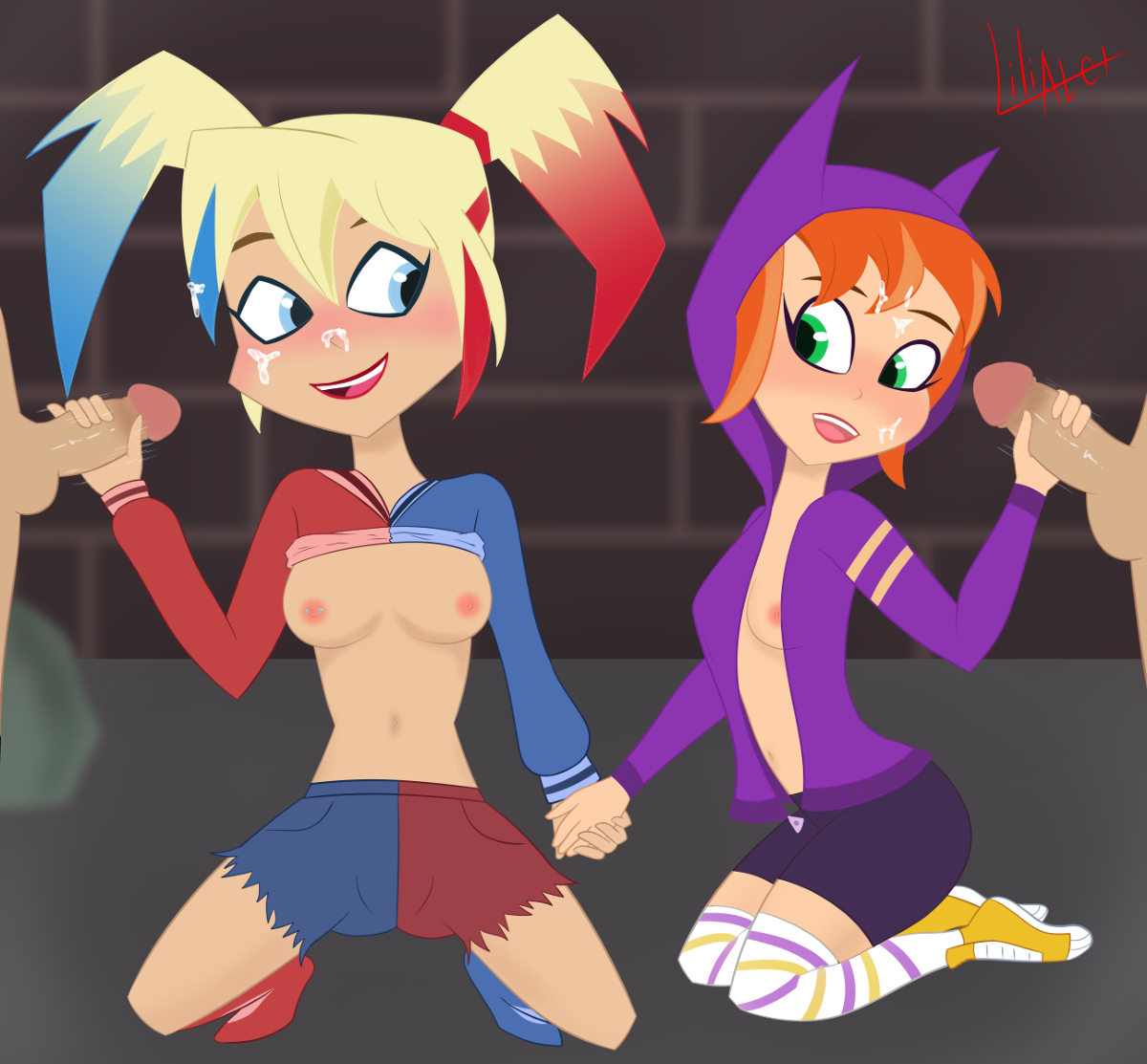 2girls, barbara gordon, barbara gordon (shg), blush, breasts, cum, cum on face, dc, dc comics, dc super hero girls, female, female focus, handjob, harleen quinzel, harleen quinzel (shg), harley quinn, holding hands, liliater (artist), male, multiple females, multiple girls, multiple males, nipple piercing, nipples, partial male, penis, piercing, straight