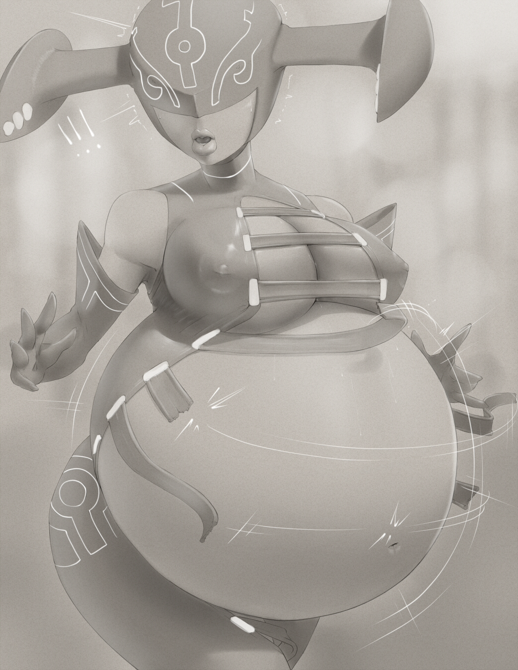 big_belly big_breasts black_and_white cleavage drakamohk female gloves helmet lips mask nintendo nipples ripped_clothing solo surprised tagme the_wonderful_101 thick_thighs vijounne wide_hips