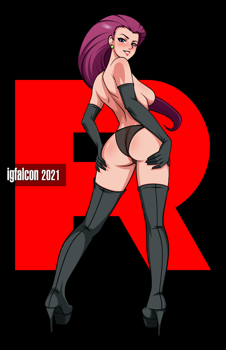 1girls, ass, back view, backboob, blue eyes, boots, breasts, falcon-creative, female, female only, hands on thighs, high heel boots, human, human only, jessie (pokemon), lingerie, long gloves, looking at viewer, looking back, magenta hair, pokemon, solo, thighhighs, topless, voluptuous
