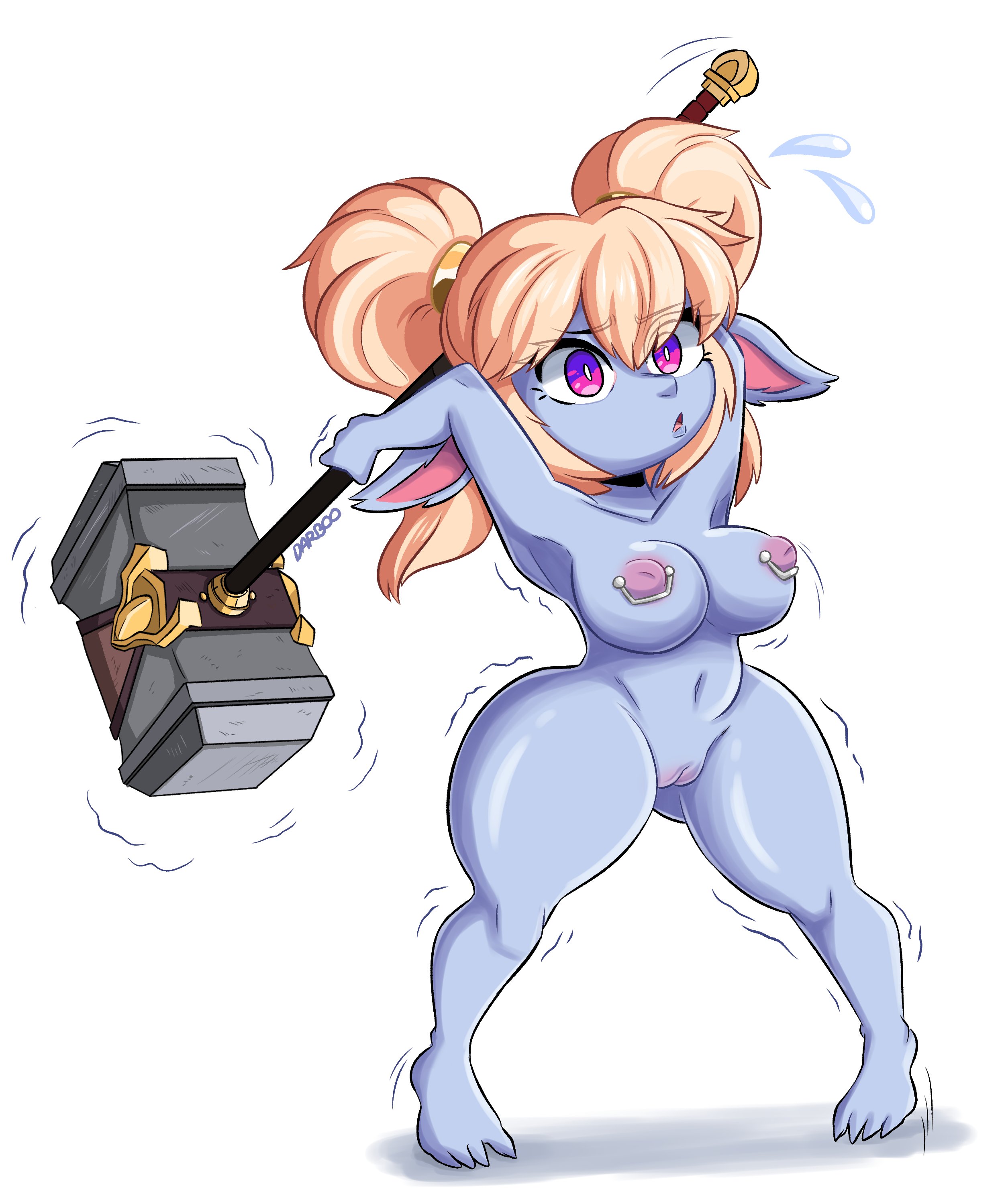 1girls, blonde hair, blue skin, breasts, darboo, female, female only, hammer, huge nipples, league of legends, naked, nipple piercing, nipples, nude, piercing, pointy ears, poppy, purple skin, riot games, shortstack, solo, thick thighs, twintails, yordle