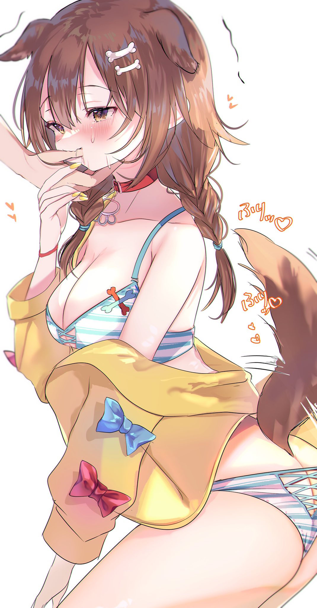 ass, bra, brown hair, canine, choker, coat, collar, dog ears, dog girl, dog tail, female, finger sucking, hazel eyes, hololive, hololive gamers, hololive japan, inugami korone, kemonomimi, open jacket, panties, sukiyaki, sukiyaki i, tail, virtual youtuber, white background, yellow nails