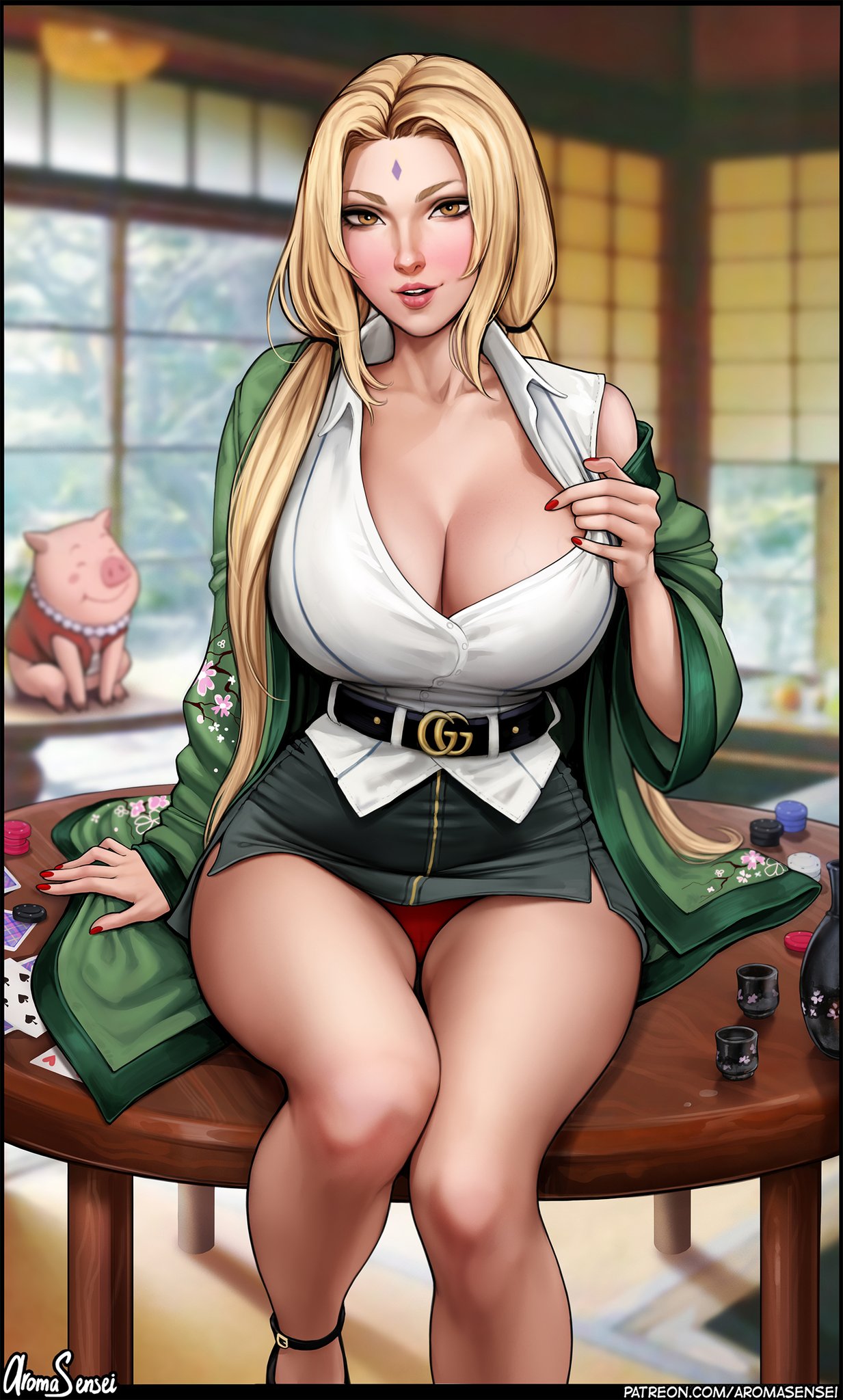 1girls, alternate version available, aroma sensei, artist name, big breasts, blonde hair, breasts, busty, cleavage, female, female only, funnaycrap, haori, hokage, hourglass figure, huge breasts, large breasts, legs, light skin, light-skinned female, lips, long hair, looking at viewer, lower body, naruto, naruto (series), naruto shippuden, no bra, panties, platinum blonde hair, red panties, seductive, shounen jump, signature, solo, thick legs, thick thighs, thighs, tsunade, upper body, voluptuous, waist belt
