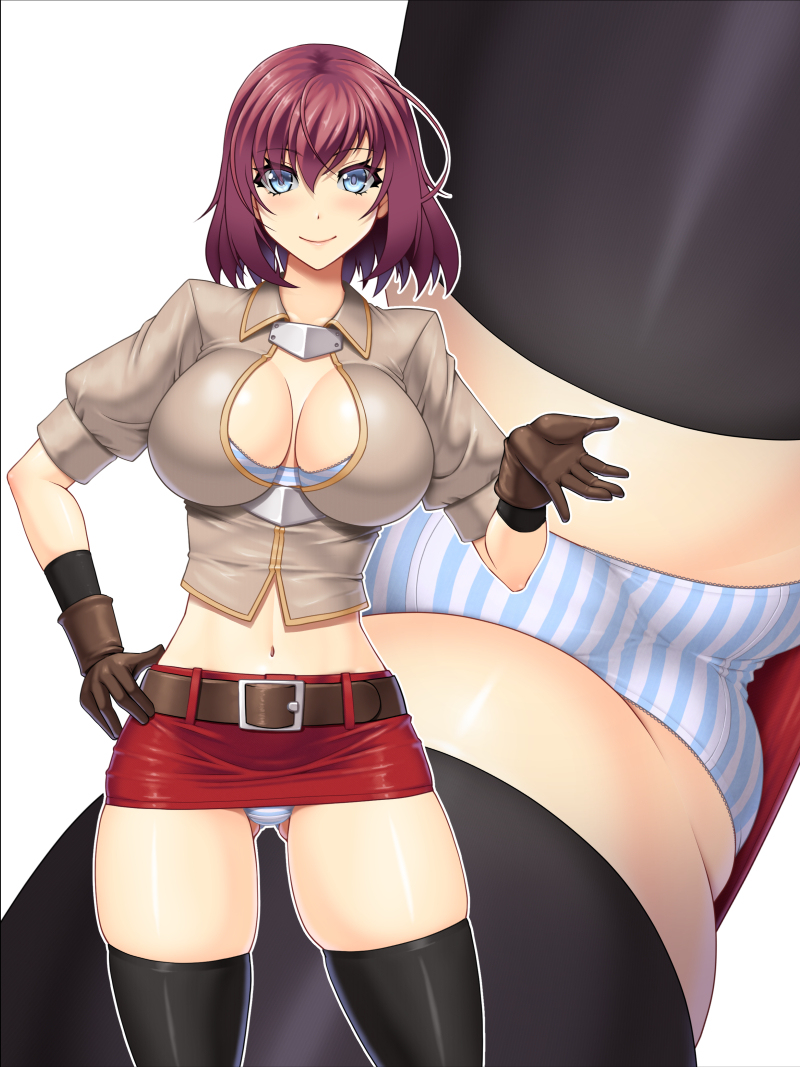 abu blue_eyes blush breasts cleavage large_breasts microskirt midriff miniskirt navel original panties red_hair skindentation standing striped_panties thighhighs upskirt