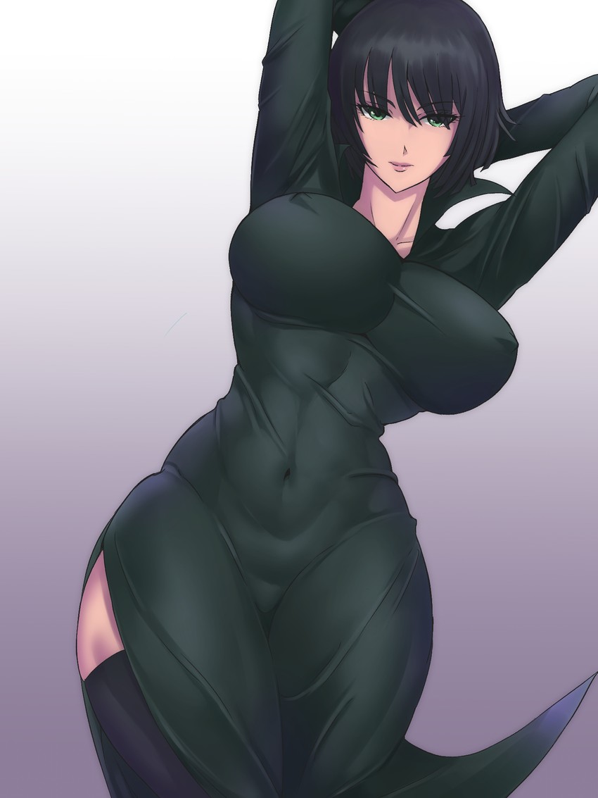 arms_behind_head arms_up bangs black_dress black_hair black_legwear blunt_ends breasts breasts_apart closed_mouth covered_navel covered_nipples dress eyebrows_visible_through_hair eyelashes eyes_visible_through_hair female fubuki_(one-punch_man) gradient gradient_background green_eyes hair_between_eyes highres impossible_clothes impossible_dress large_breasts legs_together lips long_sleeves looking_at_viewer no_bra one-punch_man purple_background shiva_(tairakuten) short_hair skin_tight solo thick_thighs thighhighs thighs toned white_background wide_hips