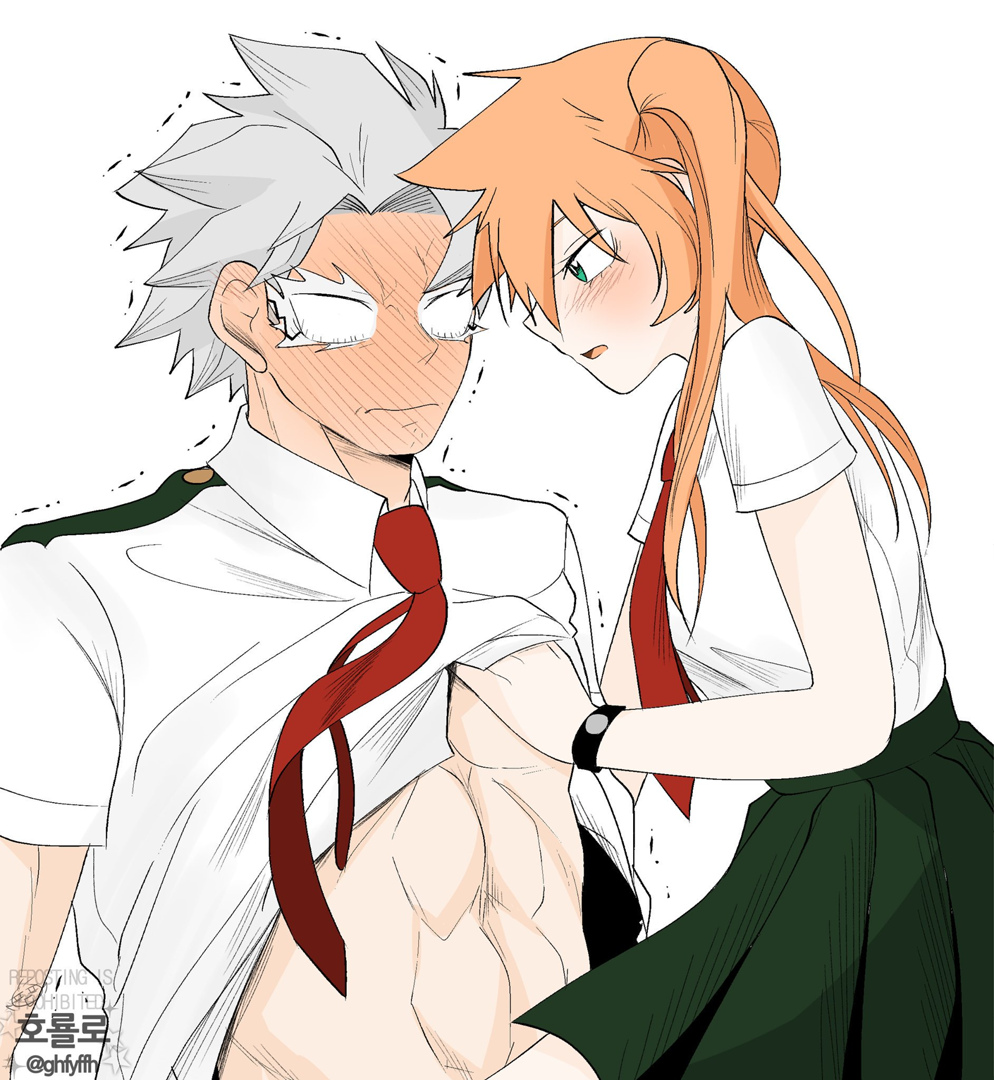 1boy 1boy1girl 1girls abs blush cute embarrassed female green_eyes heavy_blush hetero horyollo innocent itsuka_kendou kendou_itsuka male male/female muscular_male my_hero_academia orange_hair school_uniform schoolboy schoolgirl shaking silver_hair straight sweet tetsutetsu_tetsutetsu touching trembling u.a._school_uniform undressing undressing_another wholesome