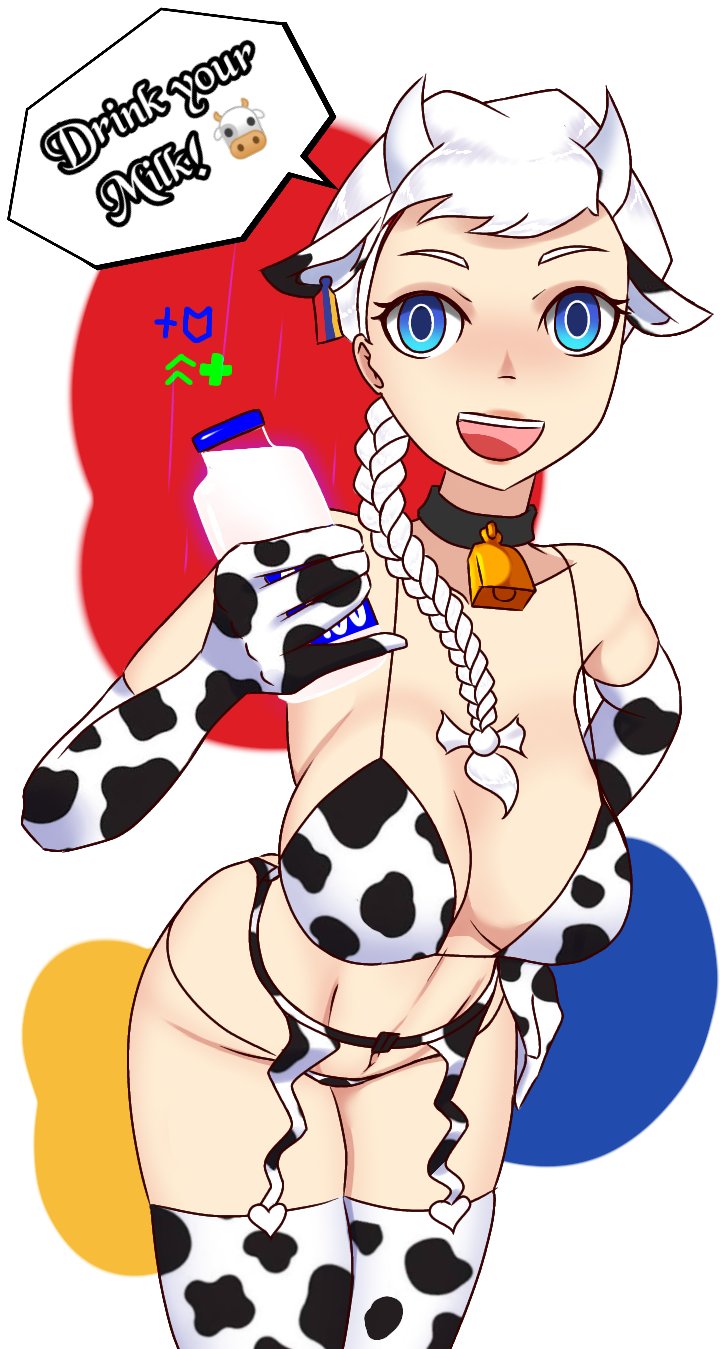 1girls armenian_flag big_breasts bikini blue_eyes braid cleavage collar cow_ears cow_girl cow_print cowbell cyan_eyes dialogue female female_only happy_female horns iron_armenian lady_baron looking_at_viewer midriff milk sideboob solo speech_bubble thighhighs war_thunder white_gloves white_hair