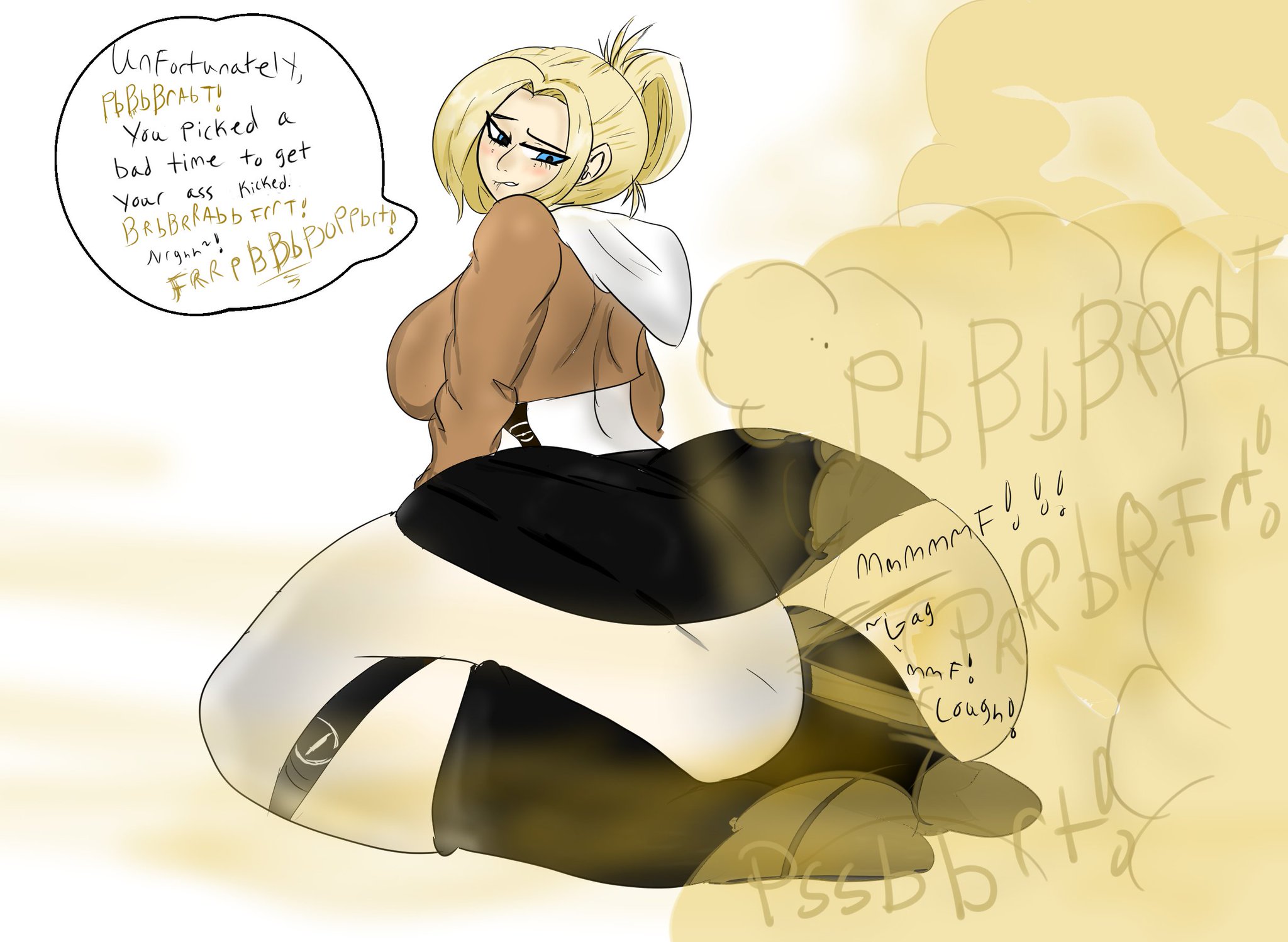 2girls, annie leonhardt, attack on titan, dialogue, facesitting, fart, fart cloud, fart fetish, farting in face, female, female only, melissaalli, mikasa ackerman, pantylines, shingeki no kyojin, speech bubble, text, text bubble