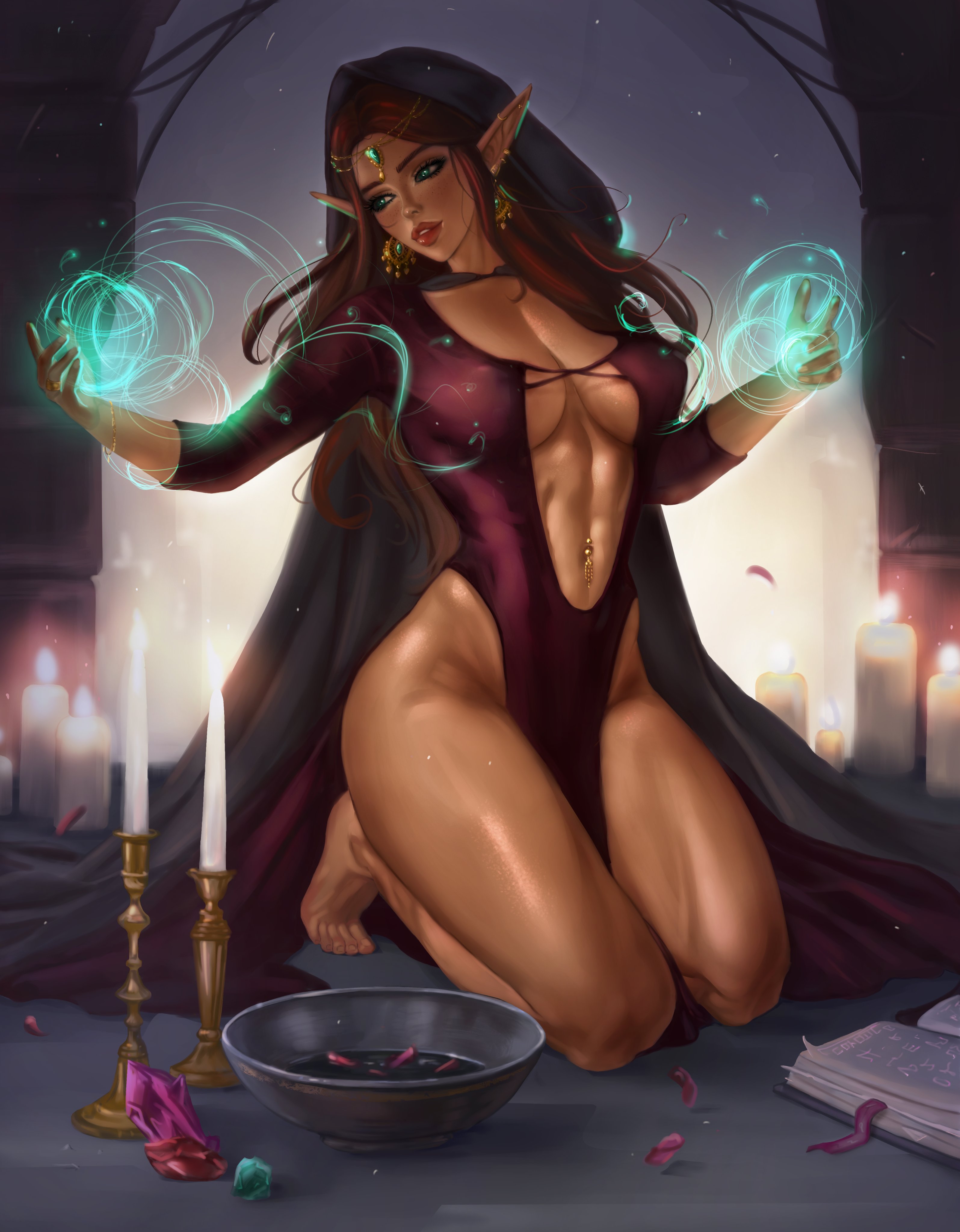 1girls, abs, absurdres, big breasts, breast expansion, breast growth, breast growth (enlargement), breasts, coyotic, elf, female, female only, highres, large breasts, pointed ears, solo, thick thighs, wide hips