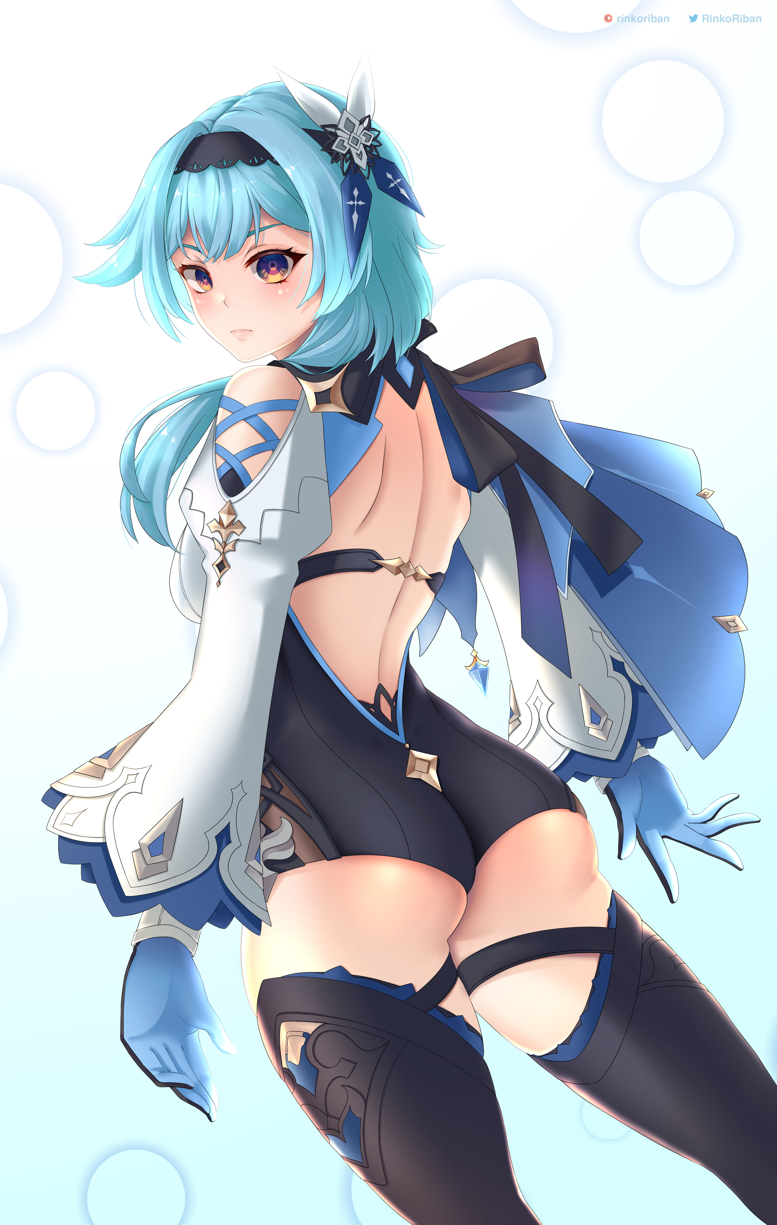 aqua hair, ass, bare shoulders, blush, boots, breasts, cape, eula (genshin impact), female, from behind, genshin impact, gloves, hairband, heel boots, leotard, long hair, looking at viewer, orange eyes, rinko riban, shiny, shiny hair, shiny skin, sideboob, solo, solo female, thigh boots, thighhigh boots, thighhighs