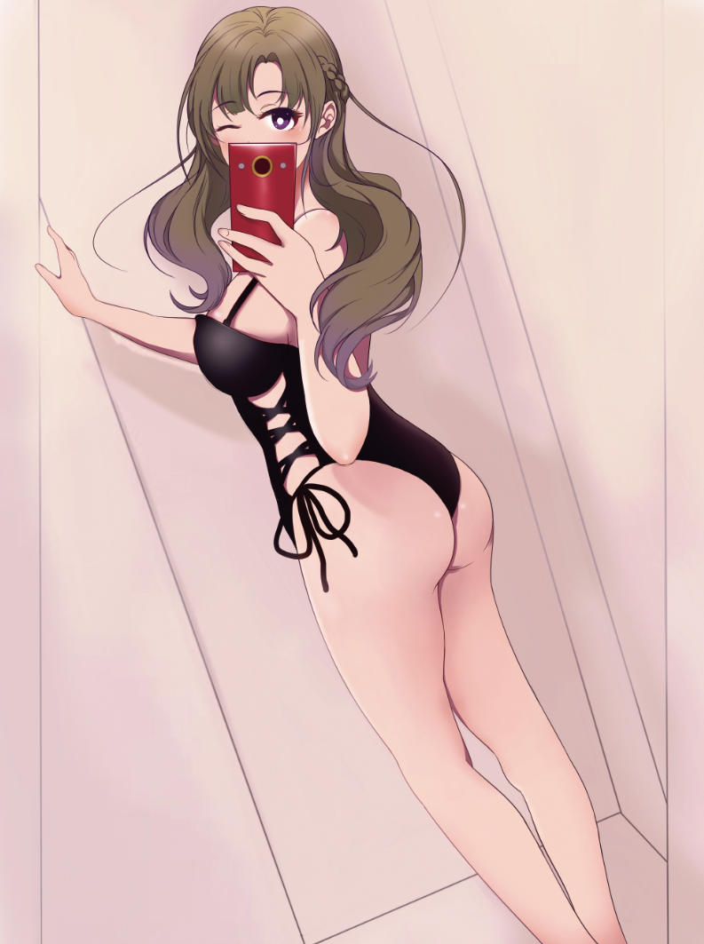 against_wall ass ass_focus black_one-piece_swimsuit black_swimsuit braid breasts brown_hair cellphone dressing_room eyebrows eyebrows_visible_through_hair eyelashes female female female_focus female_only long_hair mature mature_female mature_woman milf mirror_selfie one-piece_swimsuit one_eye_closed oosuki_mamako purple_eyes selfie smartphone solo solo_female solo_focus swimsuit thighs tsuujou_kougeki_ga_zentai_kougeki_de_ni-kai_kougeki_no_okaasan_wa_suki_desu_ka?