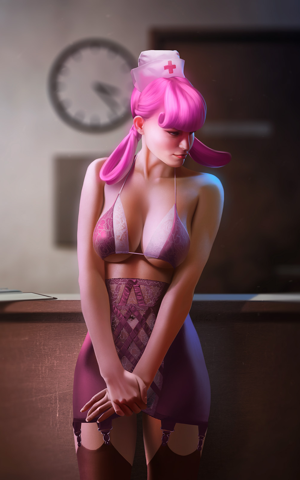 1girls 3d andrew_hibner bra breasts female female_only garter_straps hair_rings human human_female nintendo nurse nurse_cap nurse_joy partially_clothed pink_hair pokemon solo standing stockings wall_clock