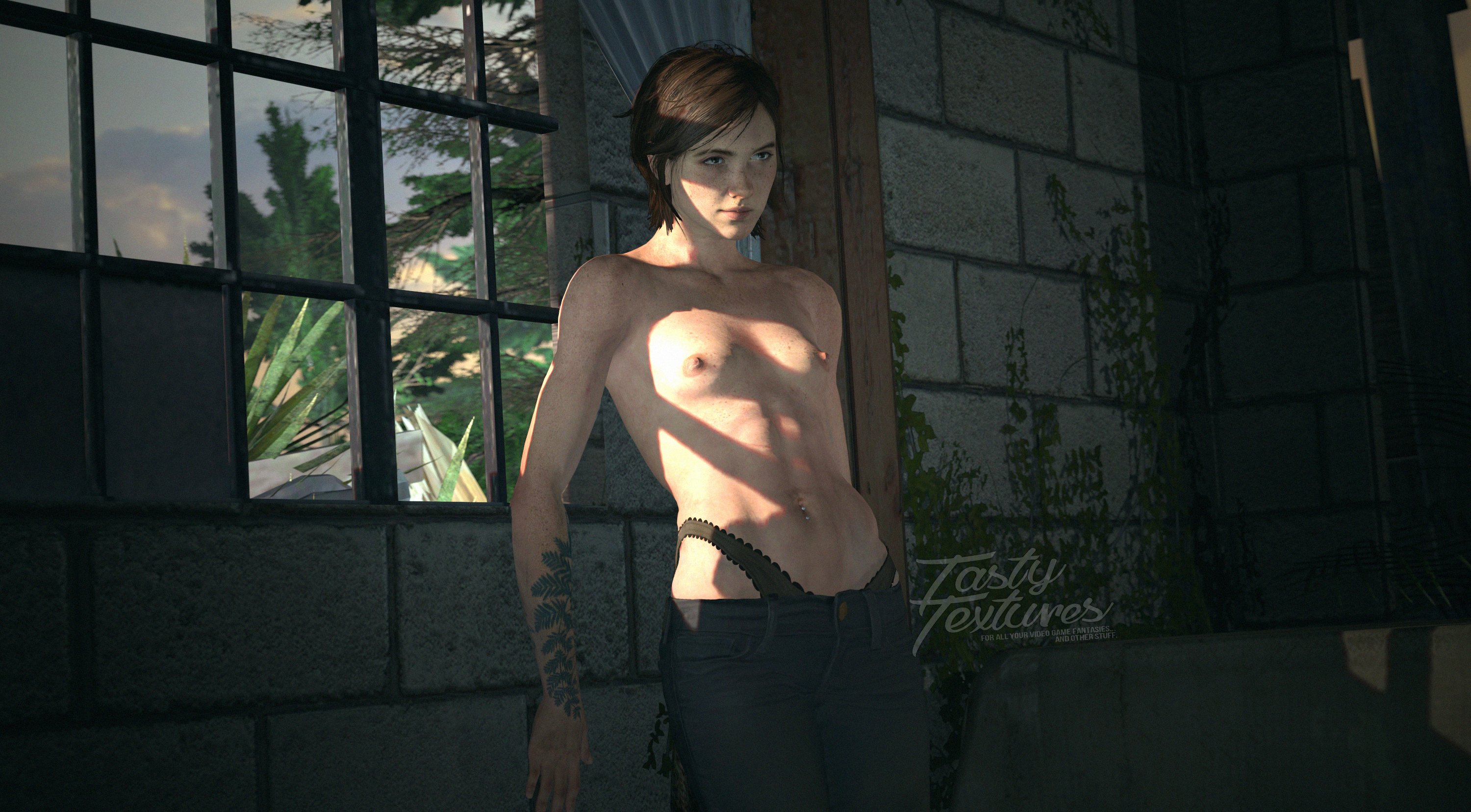 1girls, 3d, 3d (artwork), abs, areolae, breasts, brown hair, clothing, ellie (the last of us), ellie williams, eyebrow slits, female, female only, freckles, green eyes, half updo, lesbian, light skin, naughty dog, naughty face, navel piercing, nipples, pale skin, panties, petite, seductive eyes, seductive look, skinny, slim, small breasts, solo, source filmmaker, tastytextures, tattoo, the last of us, the last of us 2, thong, tied hair, topless