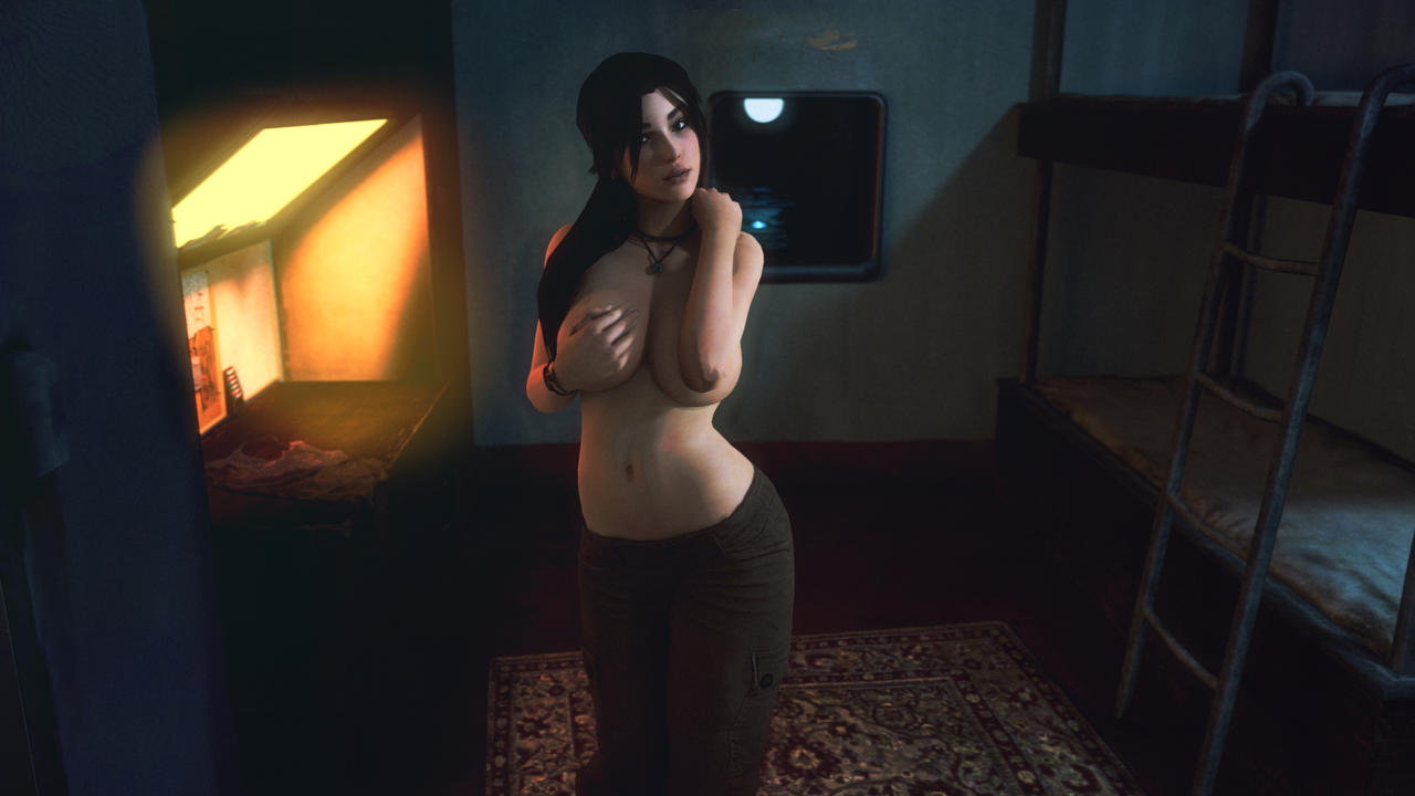 1girls 3d big_breasts breasts brown_hair female female_focus female_only hourglass_figure lara_croft lara_croft_(survivor) large_breasts long_hair no_eyewear pants ponytail pose posing shy-hentai solo standing tomb_raider tomb_raider_(survivor) topless wide_hips