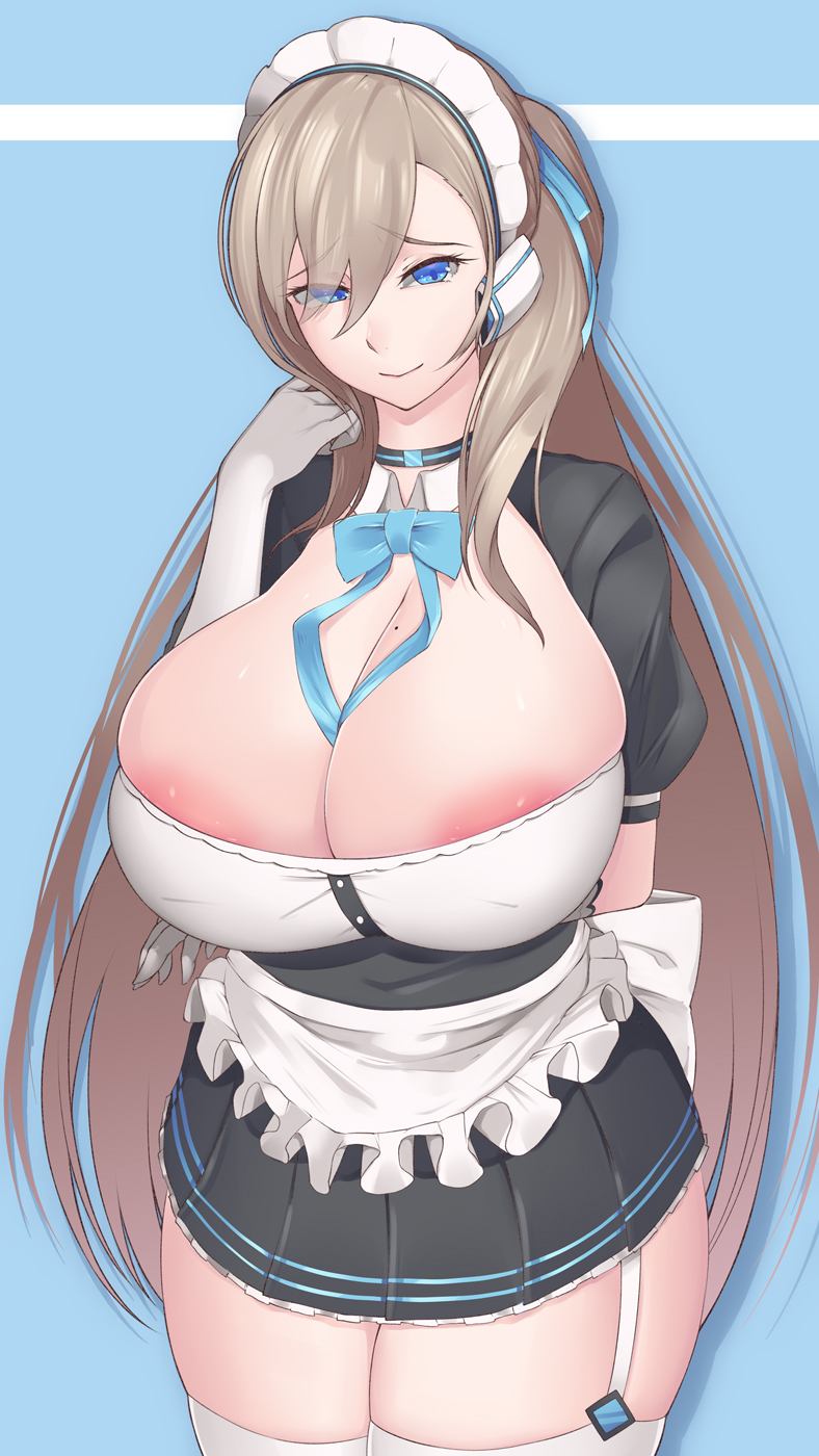 android, areolae slip, asuna (blue archive), blonde hair, blue archive, blue eyes, breasts, cleaning & clearing (blue archive), cleavage, curvy, female, gigantic breasts, huge breasts, long hair, looking at viewer, maid headdress, maid uniform, millennium science school student, miniskirt, smiling, thick thighs