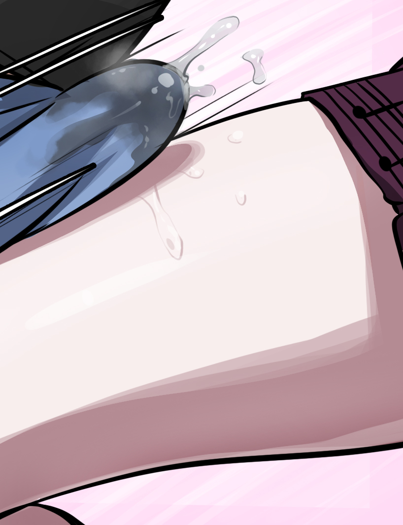 1boy, 1girls, akamatsu kaede, close-up, clothed sex, cum, cum on clothes, cum on thighs, cum through clothes, danganronpa, danganronpa v3, female, humping, humping leg, male, mosbles, out of frame, straight hair, tagme, thick thighs, thigh sex