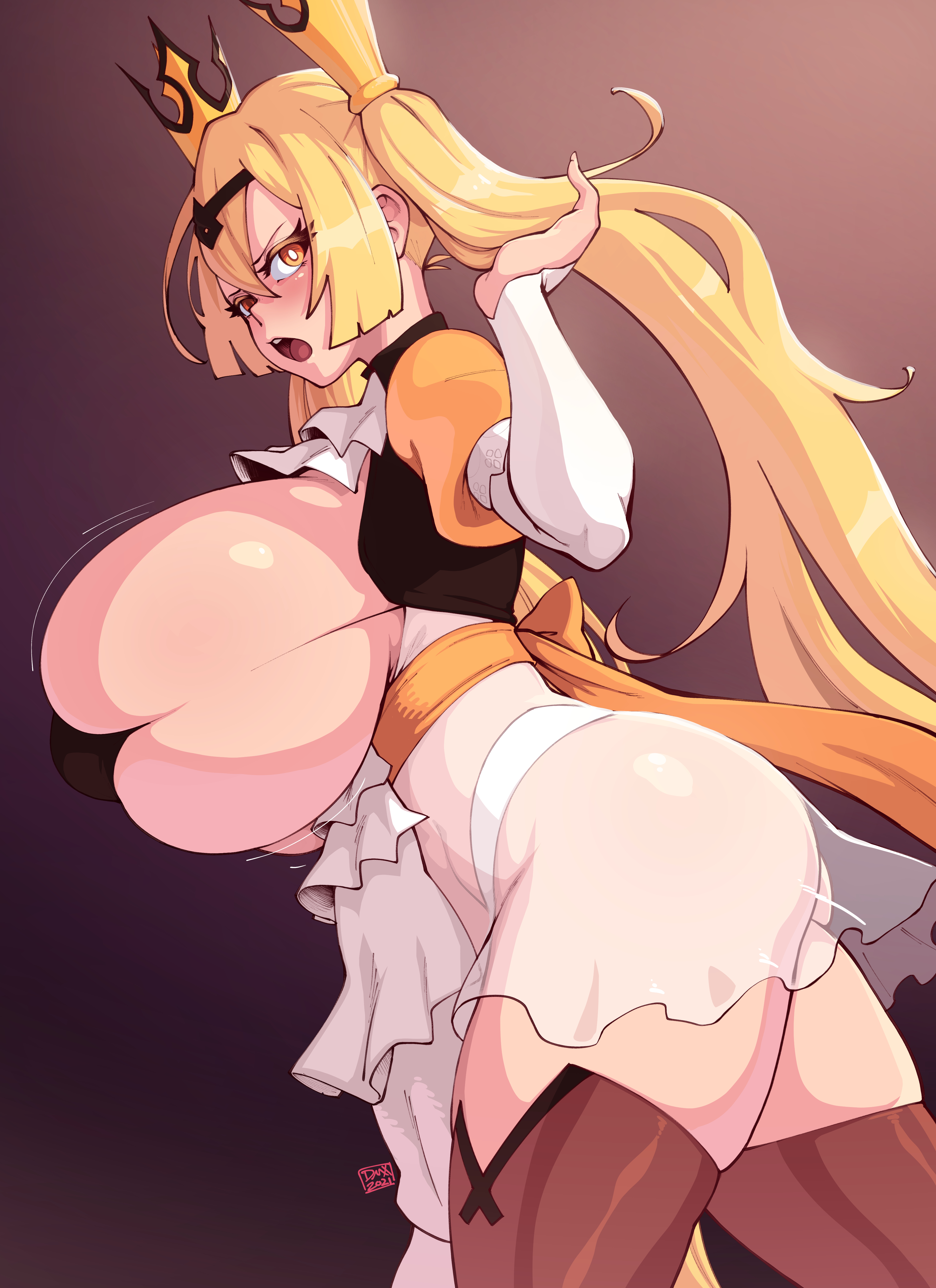 angry, bikini top, blonde hair, breasts, crown, curvy, dmxwoops, female, gigantic breasts, hair ornament, huge breasts, long hair, looking at viewer, miniskirt, original, original character, princess, princess (zerion), sideboob, skimpy clothes, thick thighs, thong, yellow eyes