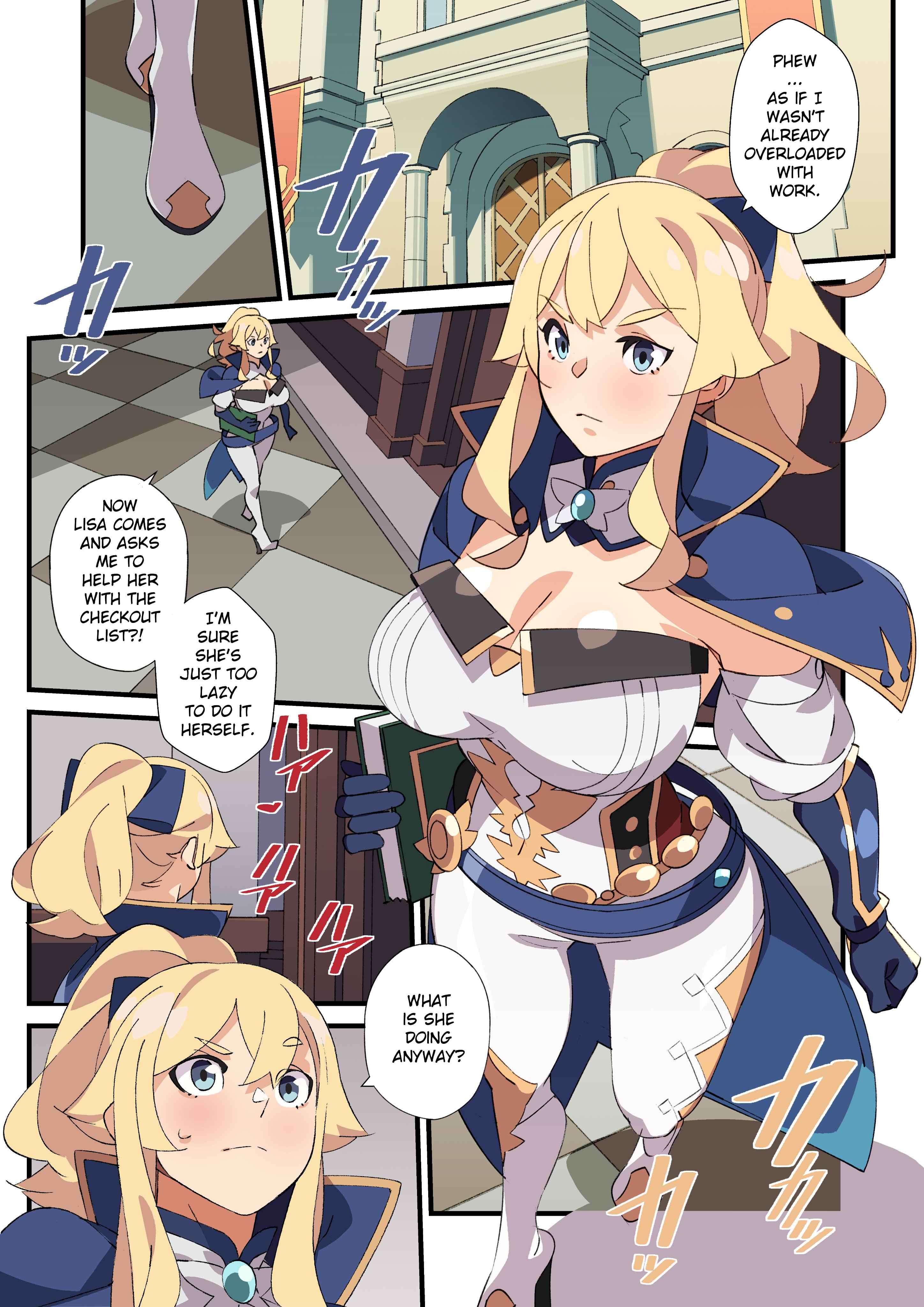 1girls, blonde hair, blush, boots, comic, dialogue, female, genshin impact, heel boots, jean gunnhildr, nisego, ponytail, sweat, text, witch hat
