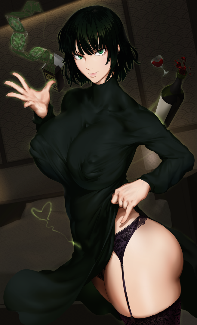 alcohol ass bangs black_dress black_hair bottle breasts cleavage collarbone commentary_request condom condom_box condom_packet_strip condom_wrapper covered_collarbone covered_navel covered_nipples cup dress dress_lift drinking_glass female female_pubic_hair fubuki_(one-punch_man) garter_belt green_eyes heart high_collar huge_breasts imminent_sex impossible_clothes impossible_dress inverted_nipples inviting kunaboto lace lace-trimmed_garter_belt lace-trimmed_legwear lace_trim lifted_by_self lips long_dress long_sleeves looking_at_viewer no_bra one-punch_man pinky_out pointless_condom pubic_hair purple_legwear sabotaged_condom short_hair side_slit solo teasing telekinesis thick_thighs thighhighs thighs venus_body when_you_see_it wine wine_bottle wine_glass