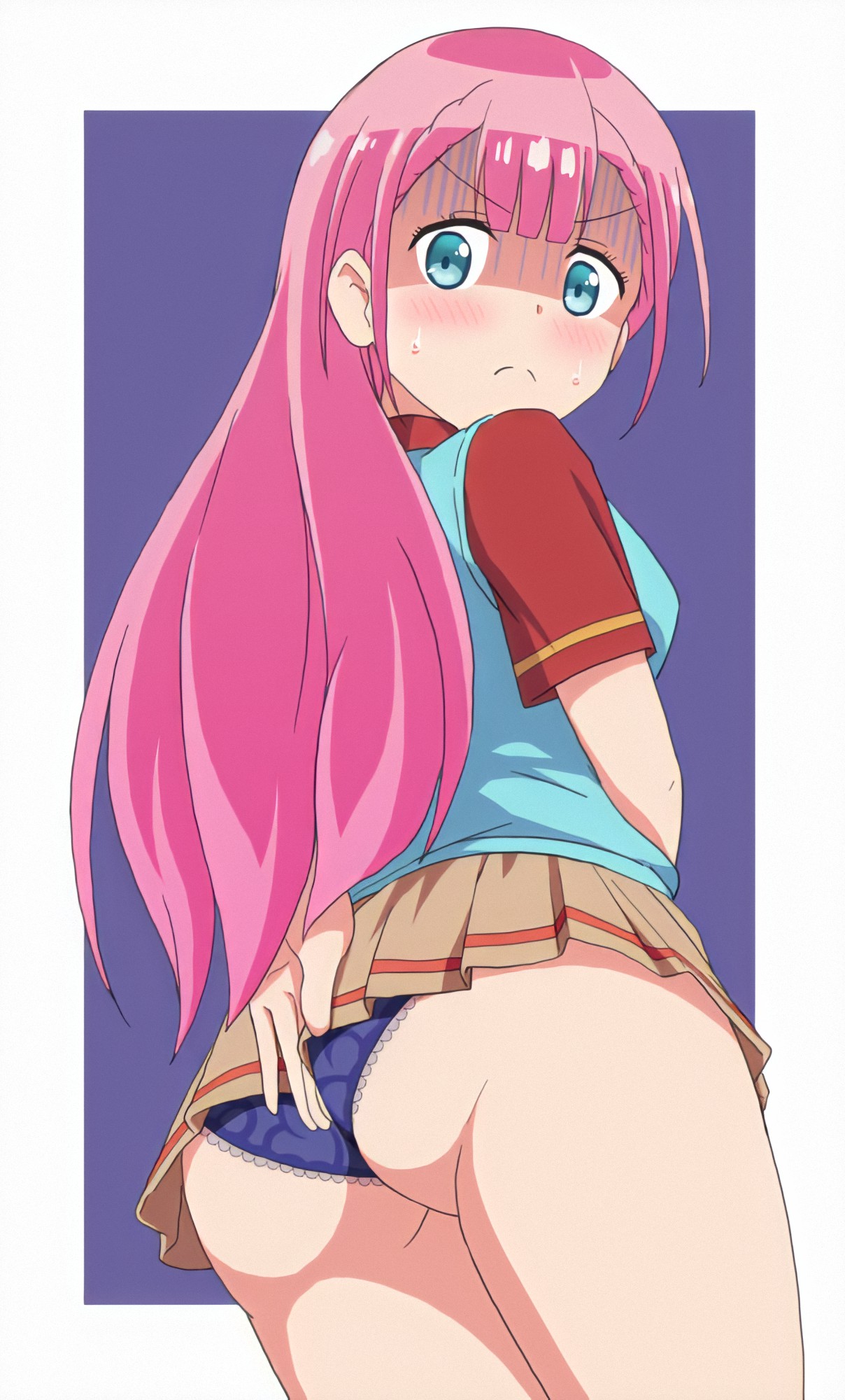 1girls, ass, blush, bokutachi wa benkyou ga dekinai, clothed, female, female only, kirisu mafuyu, long hair, looking at viewer, miniskirt, panties, pink hair, short skirt, skirt, solo, standing