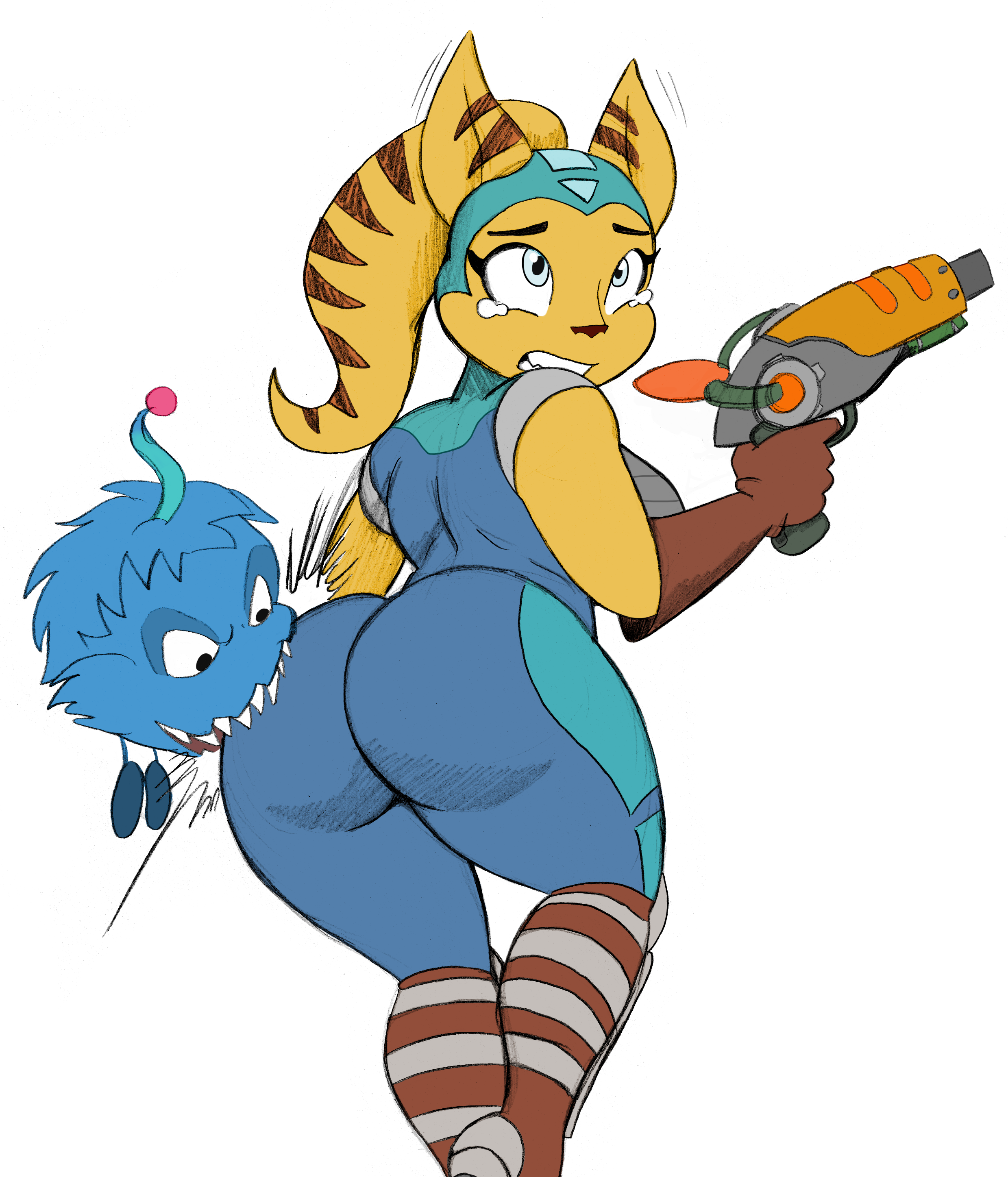 1girls, alien, alien girl, angela cross (ratchet and clank), antennae, anthro, ass, back, back view, behind, big ass, big breasts, big butt, bite, biting ass, blue eyes, blue fur, boots, breasts, brown gloves, brown stripes, colored, colored sketch, creature, curvaceous, curvy, curvy female, curvy figure, feline, female, female focus, gloves, gritted teeth, gun, headwear, hips, jumpsuit, lombax, mammal, omegasunburst, pain, pained expression, plain background, ponytail, protopet (ratchet and clank), ratchet and clank, sharp teeth, sideboob, sketch, stripes, tears, teeth, thick, thick ass, thick thighs, thighs, tight clothing, tight fit, voluptuous, weapon, white background, wide hips, yellow body, yellow fur