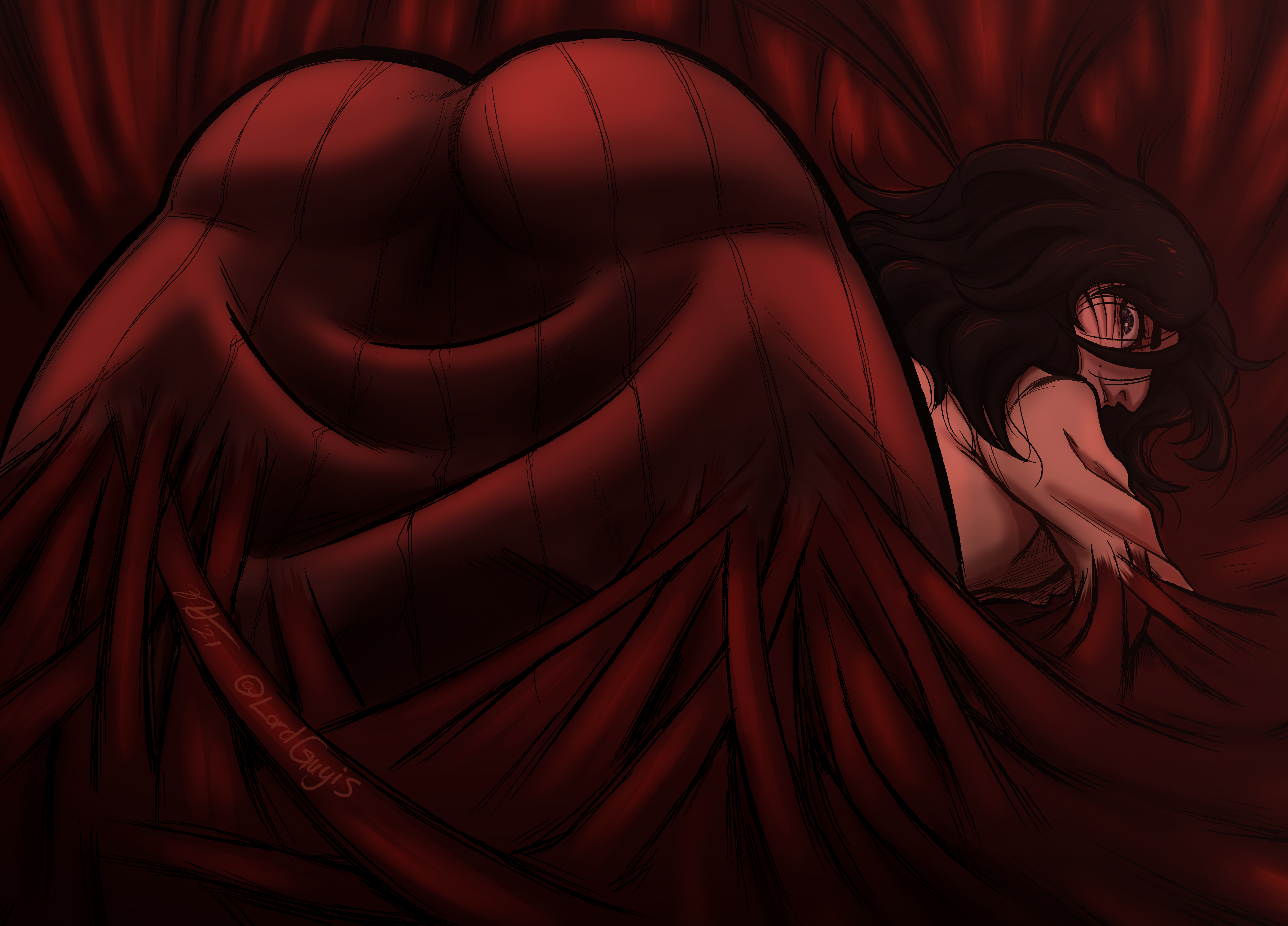 1girls, ass, ass focus, attack on titan, black hair, female, female soldier, looking at viewer, looking back, lordguyis, lying, pieck finger, rear view, shingeki no kyojin, skirt, titan marks, titan shifter, top-down bottom-up