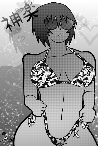 1girls azumanga_daiou bikini bikini_strings kagura_(azumanga_daiou) masterman114 monochrome short_hair sunglasses swimsuit tan_skin wide_hips