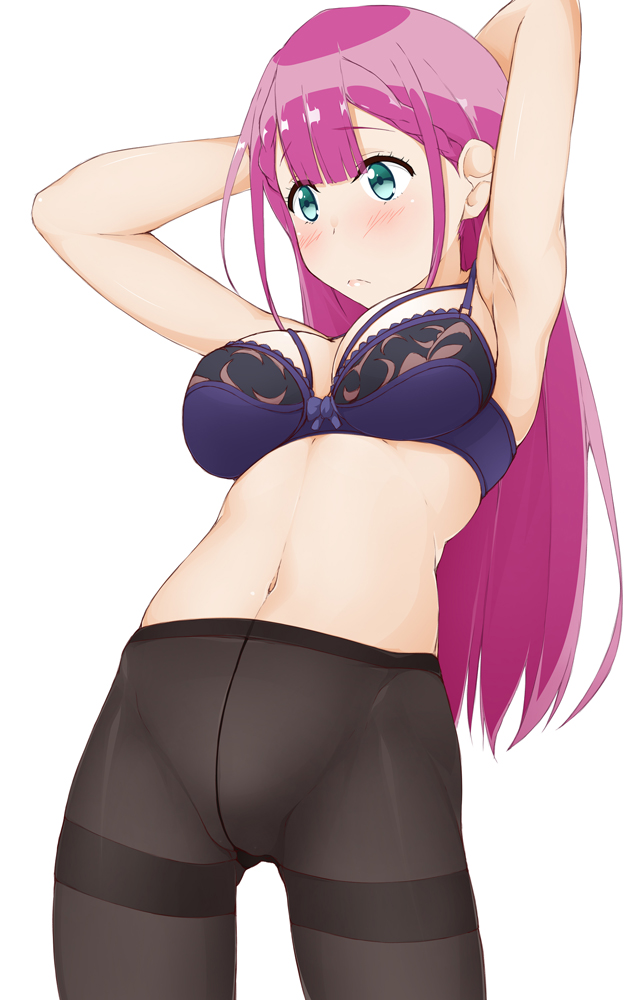 1girls, blue eyes, blush, bokutachi wa benkyou ga dekinai, bra, breasts, female, female only, kirisu mafuyu, long hair, mostly nude, no panties, no panties under pantyhose, pantyhose, pink hair, solo, standing, teacher