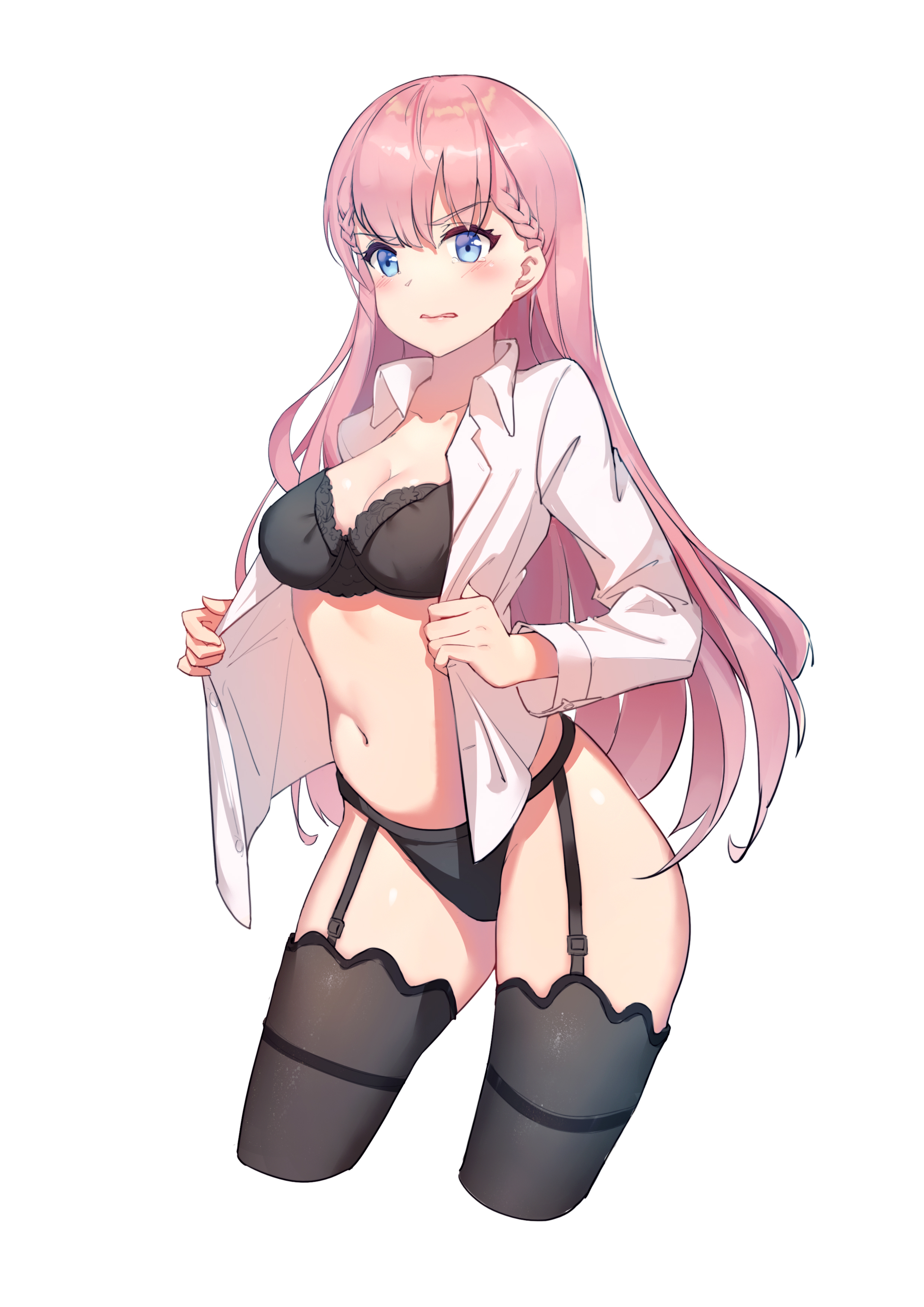 1girls, blue eyes, blush, bokutachi wa benkyou ga dekinai, bra, breasts, female, female only, garter straps, kirisu mafuyu, long hair, mostly nude, panties, pink hair, shirt, solo, standing, stockings, teacher, unbuttoned, unbuttoned shirt