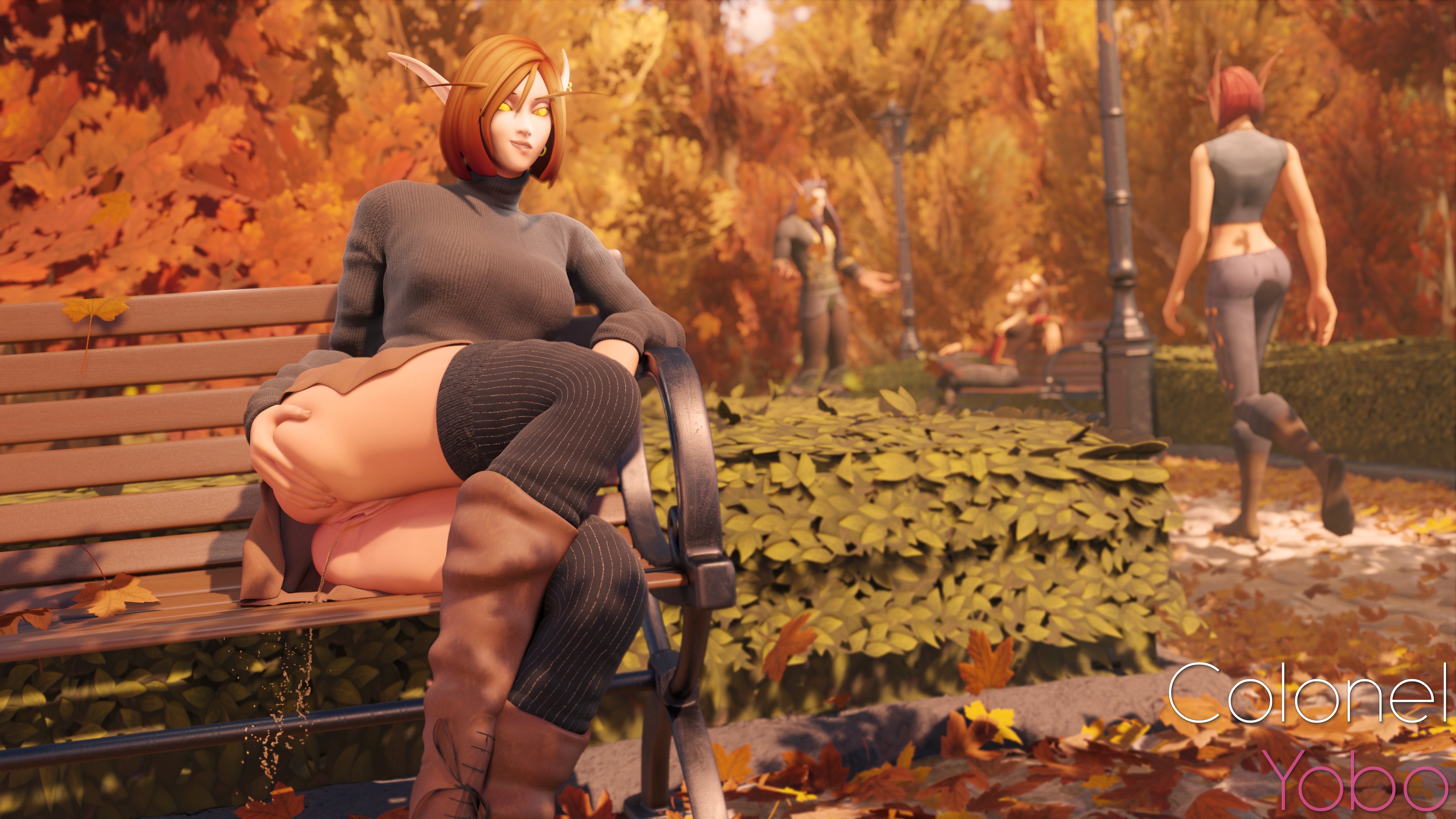 1girls, 3d, absurdres, ass, big ass, blender, blood elf, colonelyobo, female, female only, highres, peeing, pussy, solo focus, urine, watersports, world of warcraft