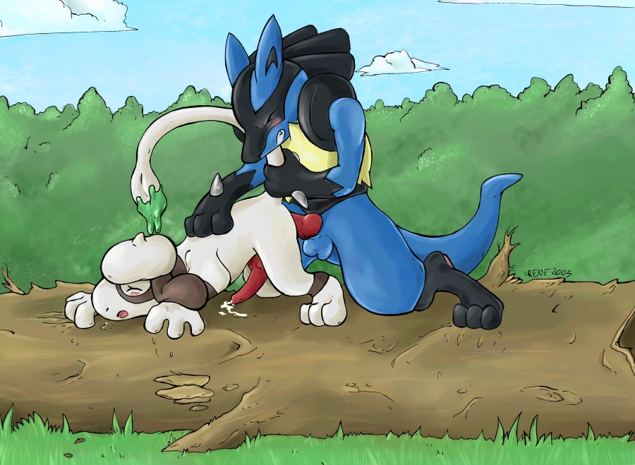 anthro cum day gay interspecies irene lucario male male_only nintendo nude outdoors penis pokemon pokemon_(species) sex side_view smeargle tagme