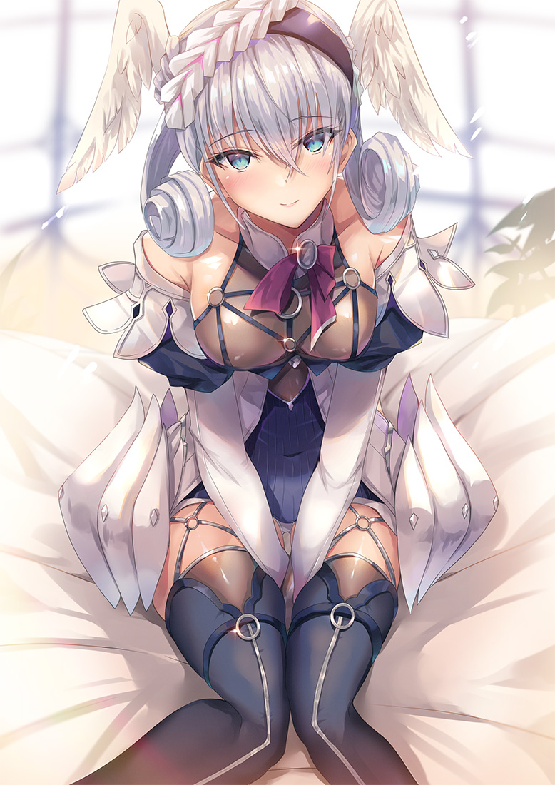 1girls bangs bare_shoulders blue_dress blue_eyes blue_legwear blush breasts closed_mouth curly_hair dress female fully_clothed garter_straps hair_between_eyes head_wings headband hinot inoue_takuya_(pixiv_99697) large_breasts long_hair looking_at_viewer medium_hair melia_antiqua nintendo nipples_visible_through_clothing on_bed short_dress silver_hair sitting smile solo thighhighs thighs wings xenoblade_(series) xenoblade_chronicles