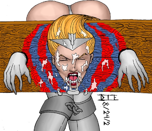 2002 bondage bukkake cum_on_face dart dart_(character) dart_(comics) die facial image_comics open_mouth open_mouth_gag pillory savage_dragon stocks tagme