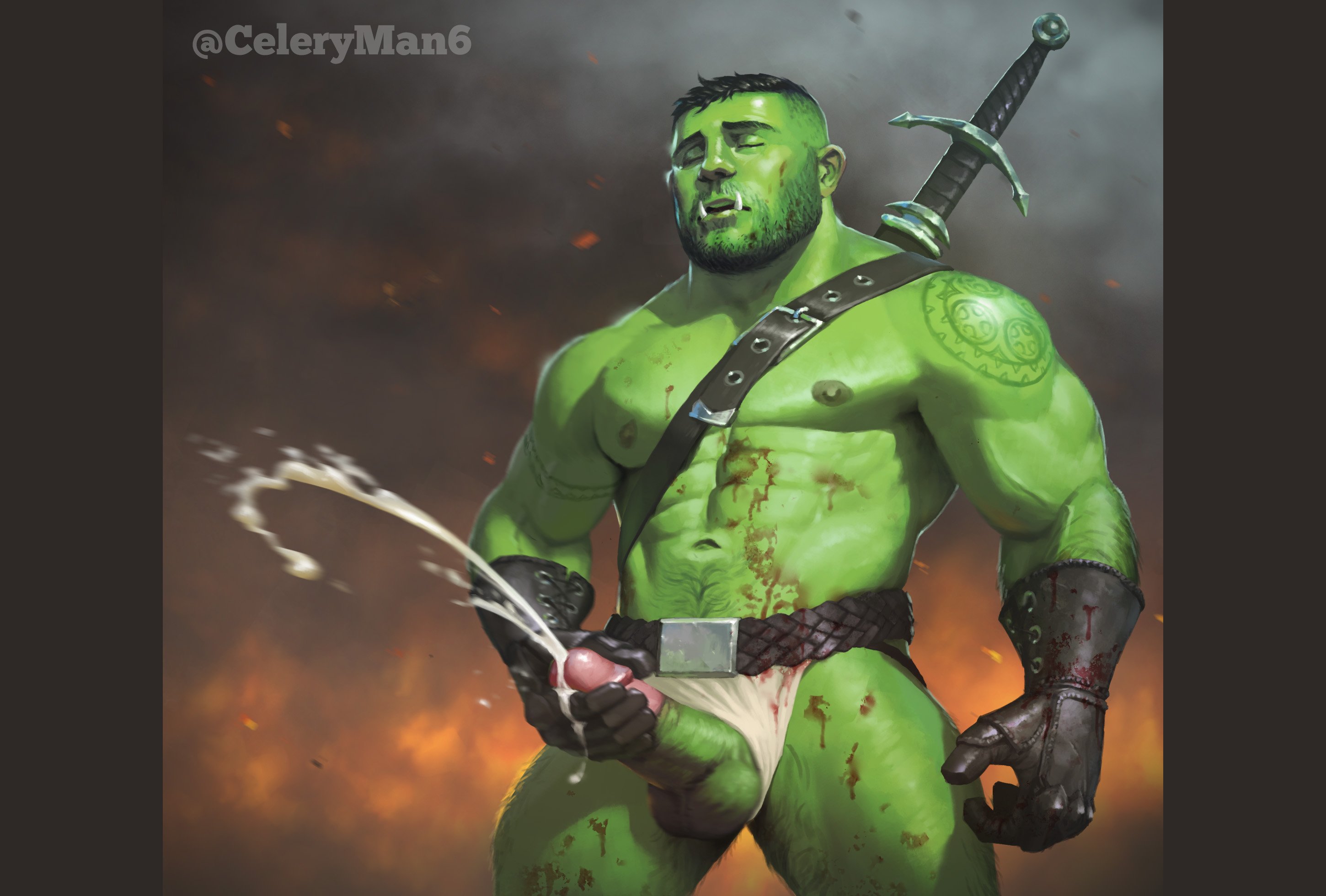 1boy, abs, balls, ballsack, beard, beefy, biceps, blood, body hair, celery man6, circumcised, circumcision scar, cum, cumshot, ejaculation, erect penis, eyes closed, facial hair, gloves, green skin, humanoid, jockstrap, jockstrap aside, looking pleasured, male, male masturbation, male nipples, male only, masculine, masturbation, mature male, mostly nude, mostly nude male, muscular, muscular male, nipples, nude, nude male, orc, orc male, pecs, penile masturbation, penis, penis out, scabbard, scar, scrotum, smooth skin, smooth skinned male, solo, solo male, spread legs, stubble, sword, tattoos, testicles, thick penis, thick thighs, tusks