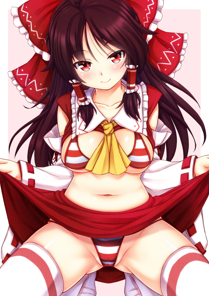 1girls, ascot, bikini, bikini under clothes, blush, bow, breasts, brown hair, detached sleeves, ebi 193, female, hair tubes, hairbow, large breasts, long hair, looking at viewer, navel, red eyes, reimu hakurei, ribbon trim, ribbon-trimmed sleeves, simple background, skirt, skirt lift, smile, solo, striped, striped bikini, swimsuit, swimsuit under clothes, thighhighs, touhou, white legwear