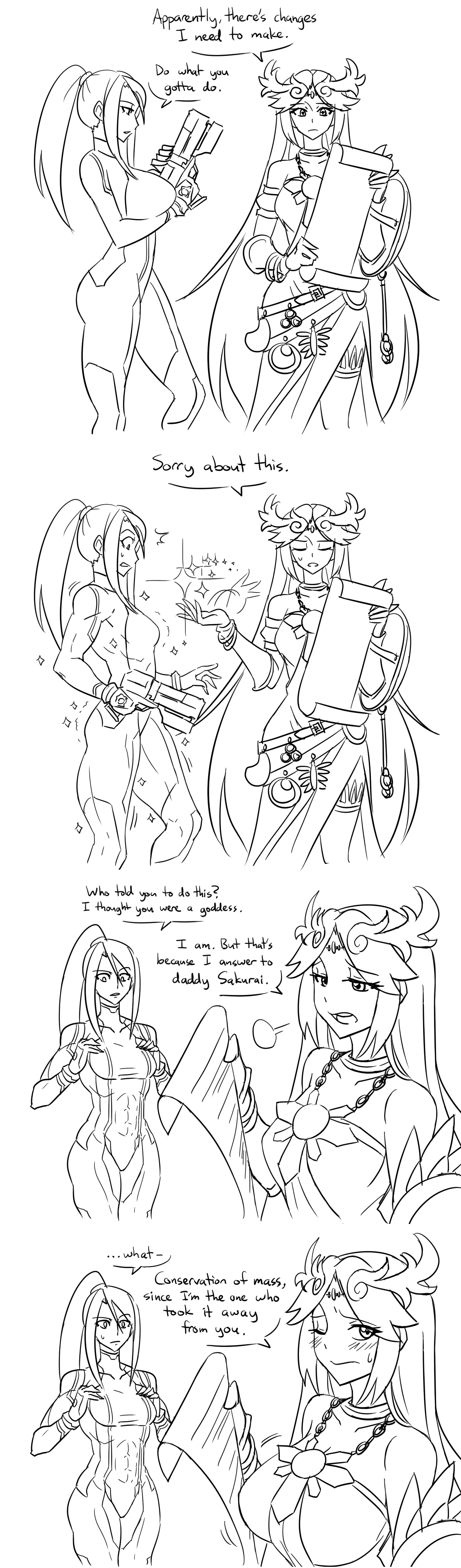 2018, 2girls, abs, attribute theft, big breasts, breast expansion, breast growth, breast growth (enlargement), breast reduction, breasts, clothed, clothing, comic, dialogue, duo, female, female only, fully clothed, huge breasts, kid icarus, line art, matsu-sensei, metroid, muscular, muscular female, nintendo, palutena, samus aran, standing, super smash bros., super smash bros. ultimate, tagme, text
