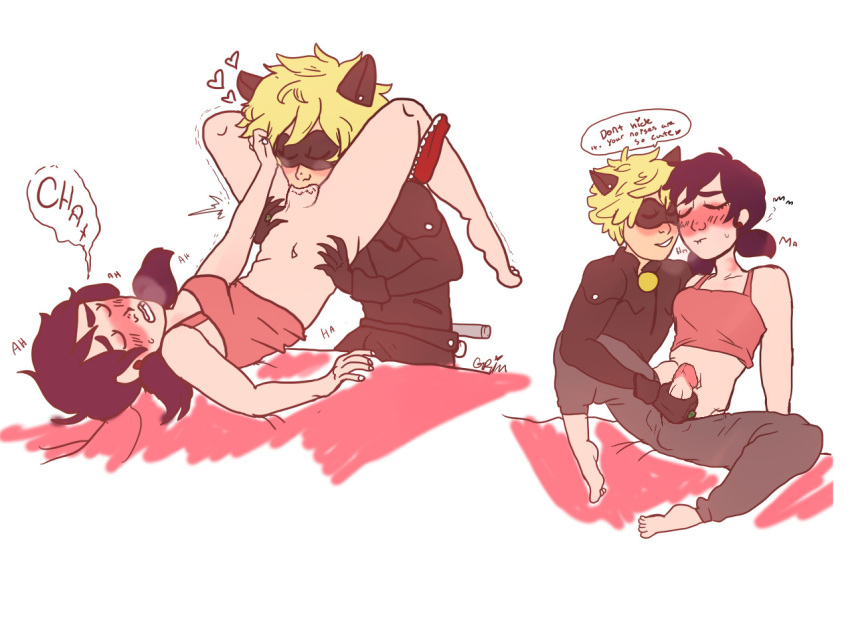 1boy, 1futa, adrien agreste, bad edit, blush, cat noir, chat noir, closed eyes, dickgirl, edit, english text, fellatio, futa on male, futanari, hand in hair, hand on head, handjob, intersex, male, male sucking futa, marinette cheng, marinette dupain-cheng, miraculous ladybug, moaning, oral sex, pajamas, penis, shymoonpie, text