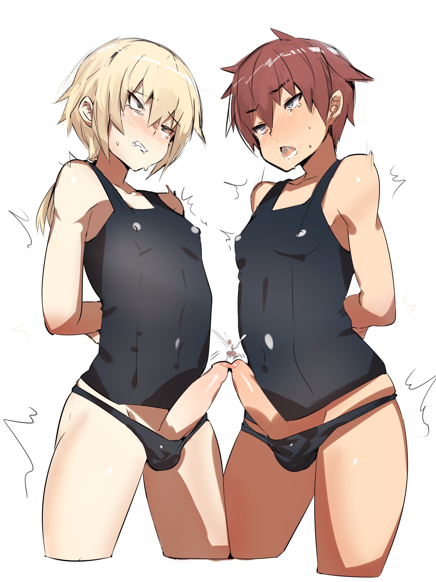 2boys, balls, bare shoulders, blonde, blonde hair, blush, boner, brown hair, crossdressing, femboy, flat chest, flat chested, frottage, kono subarashii sekai ni shukufuku wo!, lovepuni5, male, male only, nipple bulge, nipples, nose blush, penis, penis slip, penises touching, ponytail, saliva, satou kazuma, swimsuit, testicles, tongue, trap, yaoi