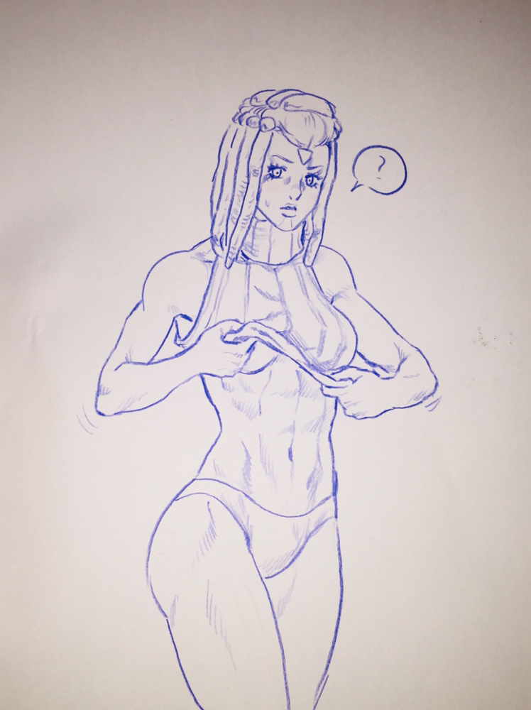 abs crop_top dreadlocks ermes_costello face_tattoo female fit_female jjolgishan_haepali jojo's_bizarre_adventure long_hair looking_at_viewer monochrome panties question_mark solo_female speech_bubble stone_ocean sweat underboob undressing white_background