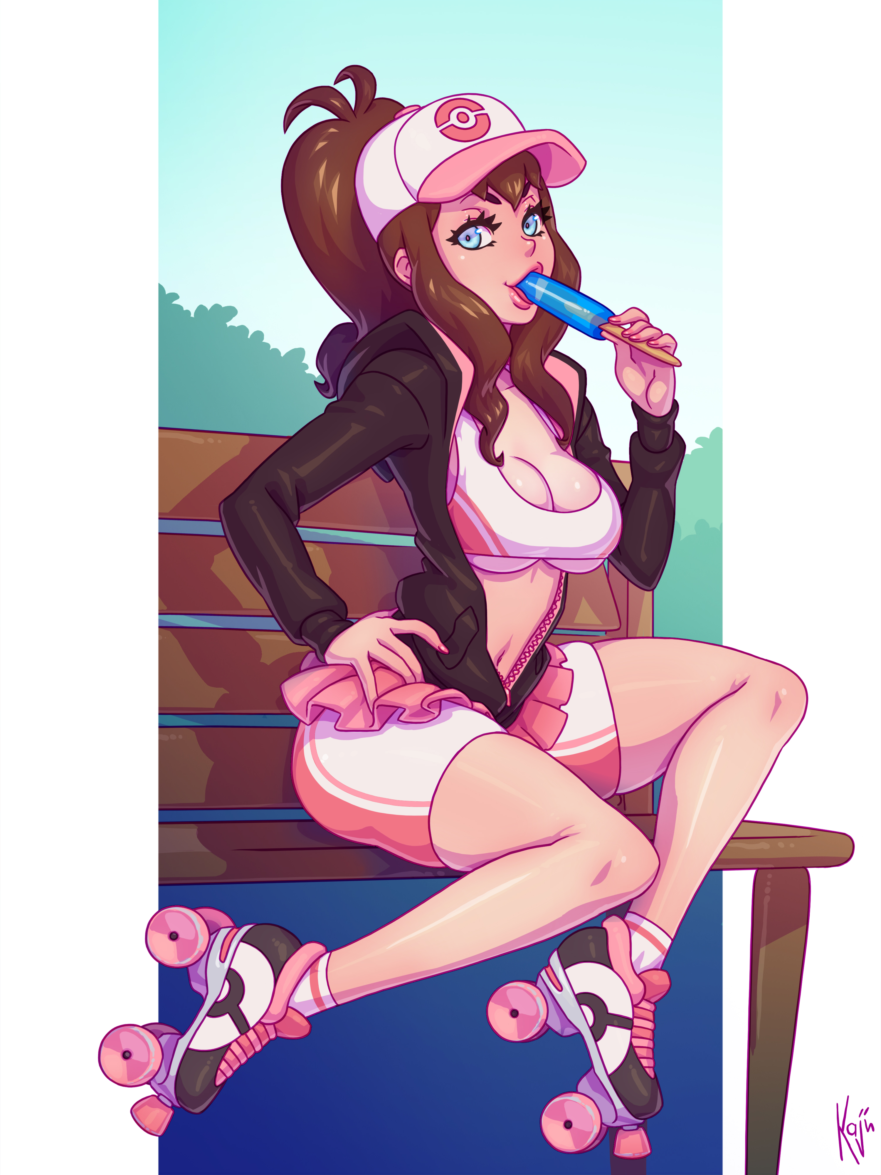 1girls, absurd res, alternate outfit, areolae, belly, bench, big breasts, blue eyes, blush, breasts, brown hair, bush, clothed, day, erect nipples, eyelashes, female, female only, food, hand on hips, hat, hi res, hilda (pokemon), holding, human, ice cream, jacket, kajinman, large breasts, lipstick, long hair, looking at viewer, microskirt, miniskirt, navel, nintendo, nipples, open shirt, oral, outdoors, pink lipstick, pokemon, pokemon bw, ponytail, popsicle, roller skates, sexually suggestive, sitting, skirt, smile, solo, stick, thick thighs, thighs, underboob, wide hips