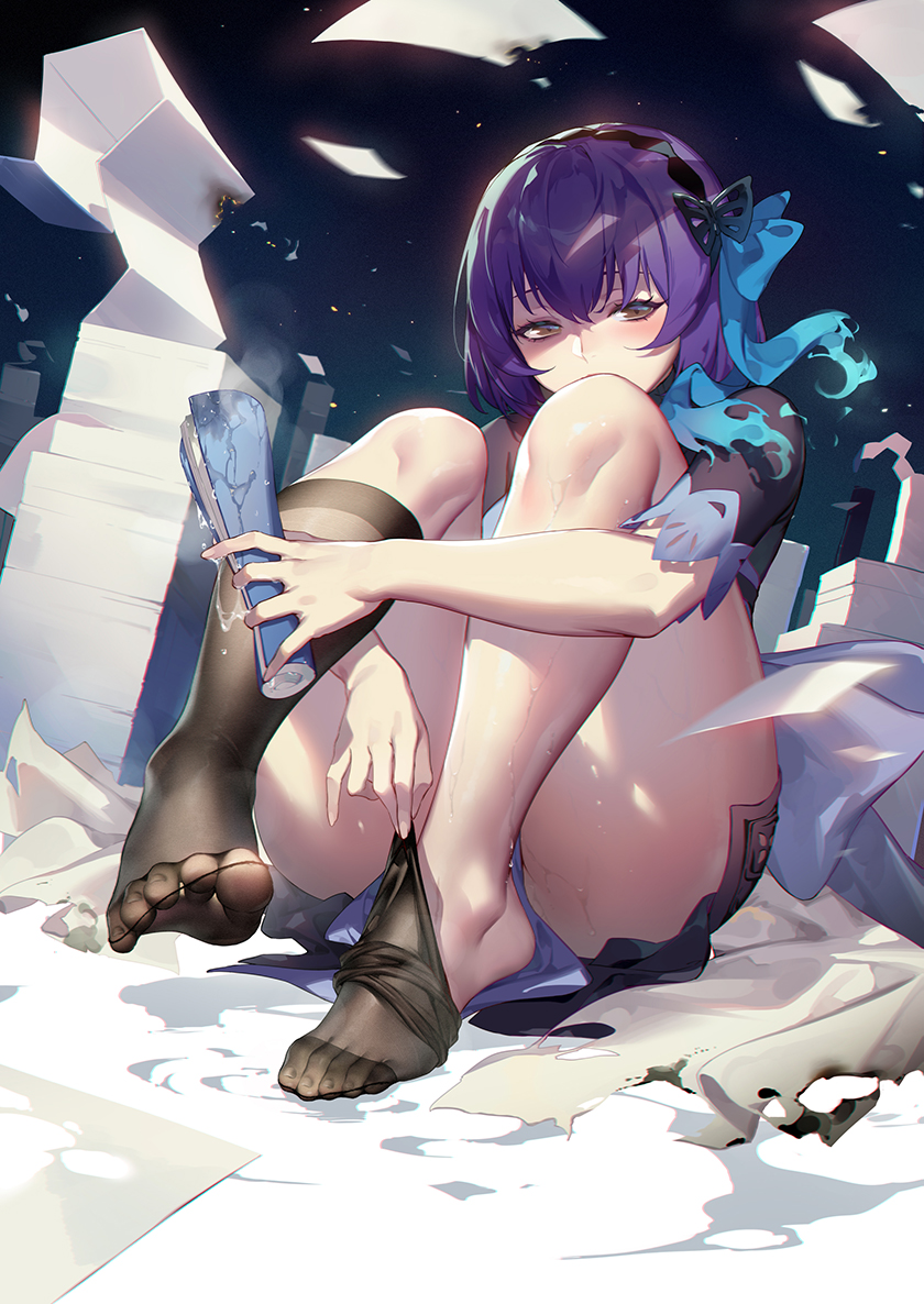 after_masturbation black_eyes black_legwear black_socks blush character_request feet female hairband holding holding_magazine knee_socks kneehighs kneesocks leg_hug legs luode_huayuan magazine masterwork_apocalypse no_shoes paper purple_hair pussy_ejaculation pussy_juice short_hair short_sleeves sitting sock_pull socks soles solo toes wet wetting