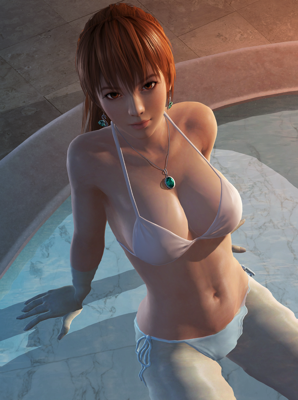 1girls 3d areola areolae big_breasts bikini breasts brown_eyes brown_hair cleavage dead_or_alive earrings emerald_(gem) female jewelry kasumi_(doa) large_breasts looking_at_viewer necklace pool radianteld solo swimsuit voluptuous white_bikini