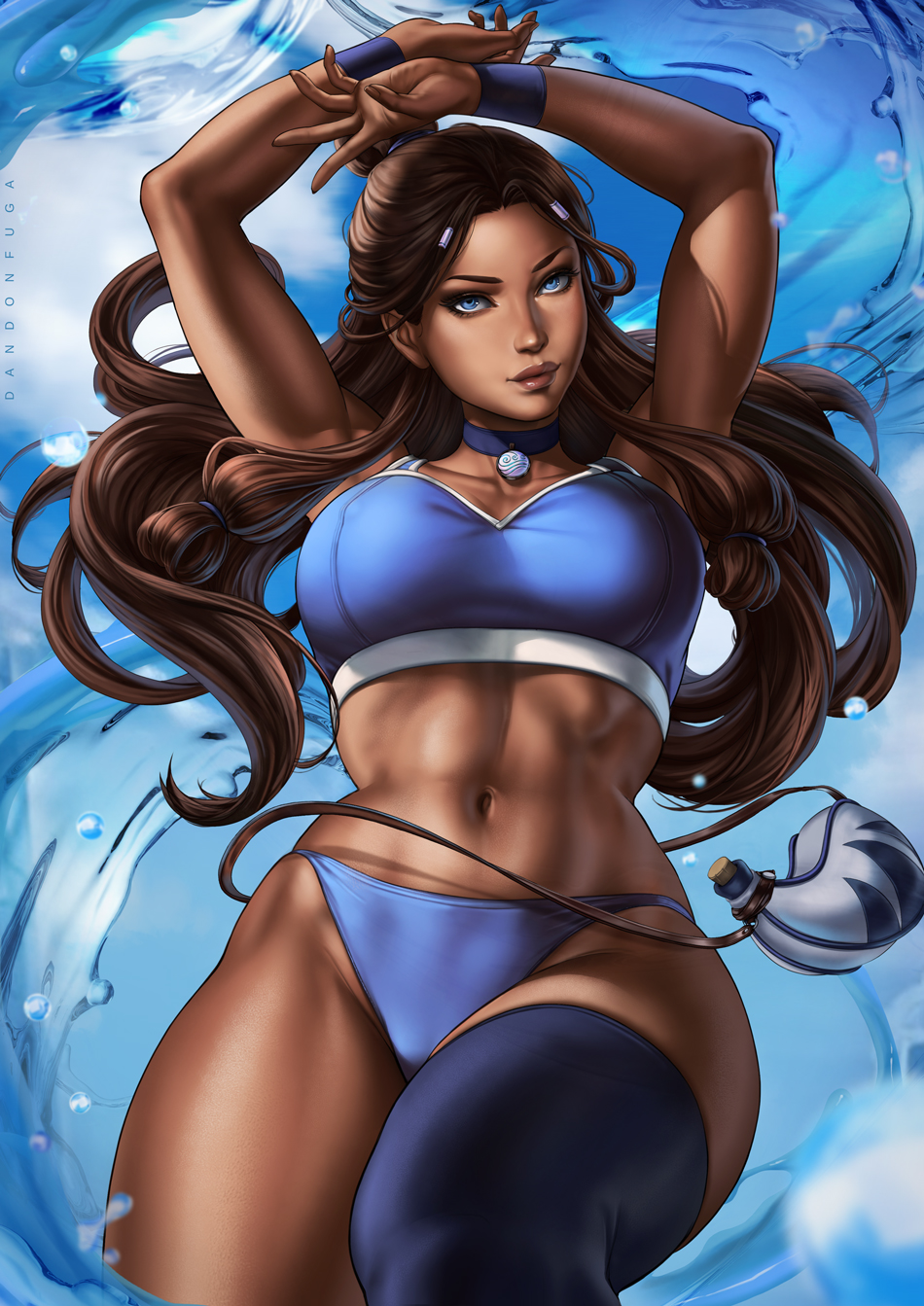 1girls 2021 abs action_pose aged_up alternate_breast_size armpits arms_above_head artist_signature athletic_female avatar_the_last_airbender barely_clothed big_breasts blue_eyes breasts brown_hair busty child_bearing_hips choker cleavage closed_legs clouds cowboy_shot dandon_fuga dark-skinned_female dark_lipstick dark_skin droplet eyeshadow female female_only flowing_hair hair_down hands hands_above_head hourglass_figure huge_breasts katara large_breasts long_hair looking_at_viewer mascara midriff muscles muscular muscular_female navel nickelodeon one_thighhigh panties satchel sky smooth_skin solo sports_bra standing stockings straight_hair swimsuit thick_thighs thin_waist toned toned_female water water_tribe waterbending wristbands