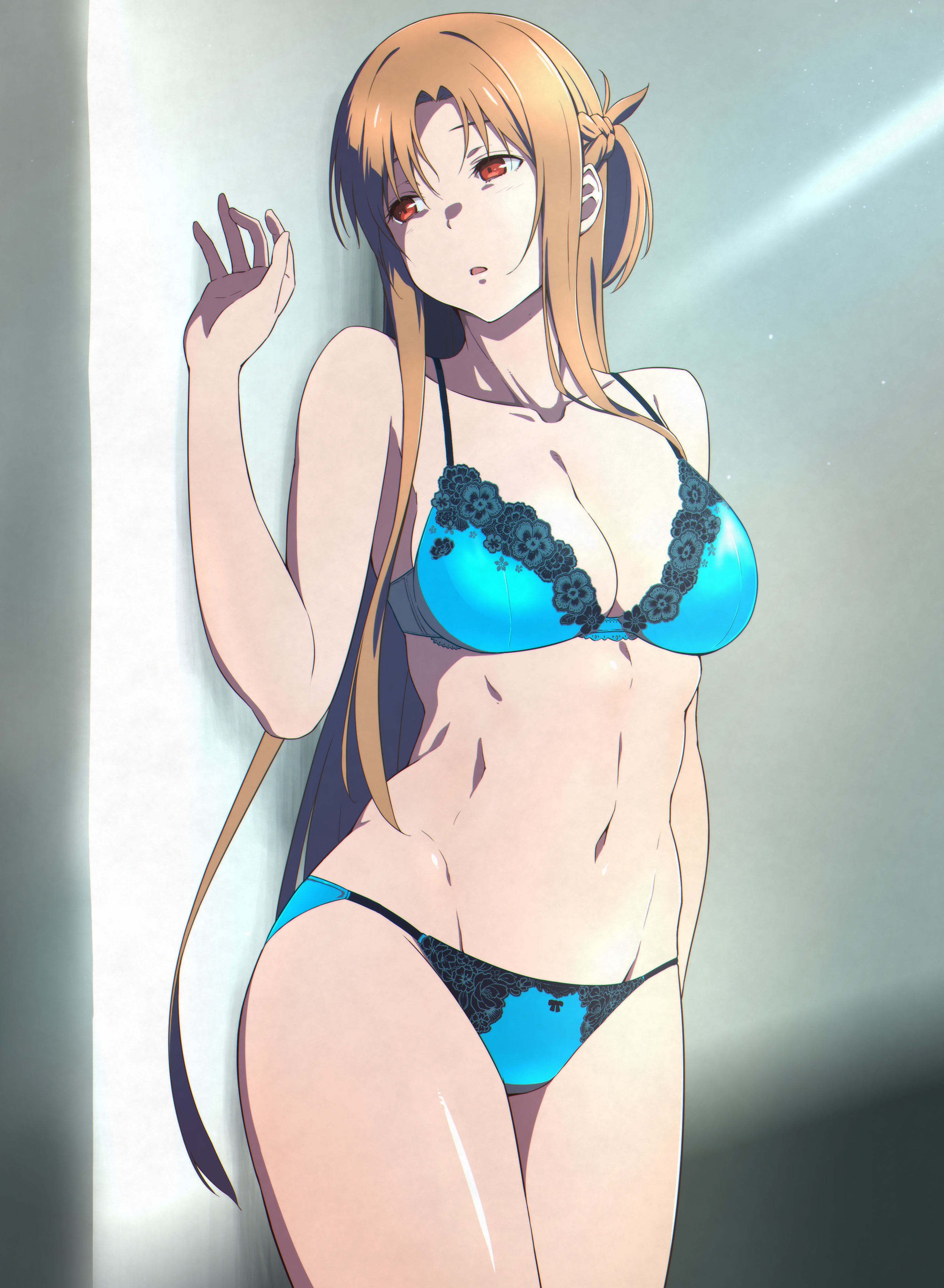 1girls, breasts, brown hair, collarbone, female, large breasts, long hair, navel, panties, puge, shiny, shiny hair, solo focus, sword art online, underwear, yuuki asuna
