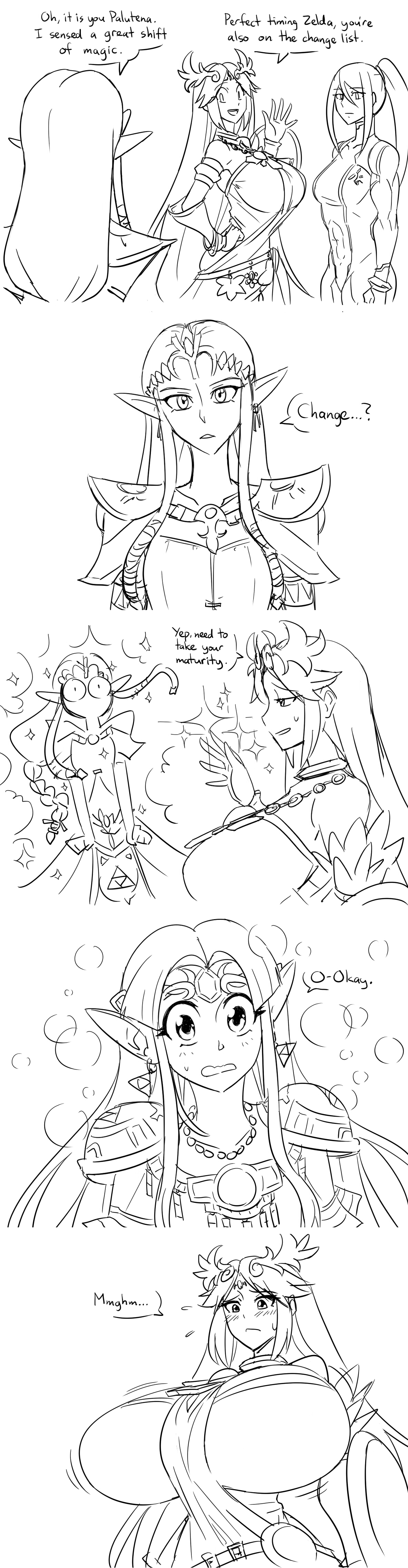 2018, 3girls, a link to the past, age regression, aged down, attribute theft, big breasts, breast expansion, breast growth, breast growth (enlargement), breasts, clothed, clothing, comic, dialogue, female, fully clothed, huge breasts, human, kid icarus, line art, matsu-sensei, metroid, monochrome, nintendo, palutena, princess zelda, samus aran, solo, standing, super smash bros., super smash bros. ultimate, tagme, teenager, text, the legend of zelda, twilight princess, zelda (a link between worlds), zelda (a link to the past), zelda (twilight princess)