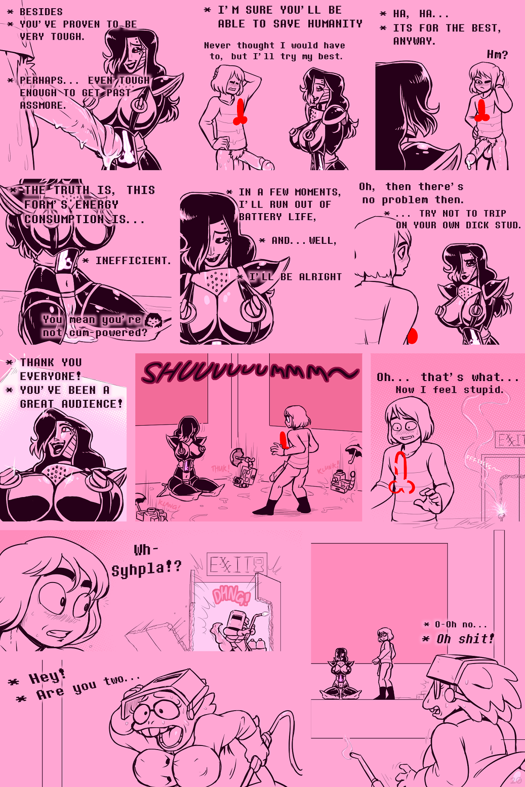 alphys alternate_universe anthro big_breasts big_penis blowtorch blush bodily_fluids breasts camera clothing comic cum cum_in_pussy cum_inside cum_on_ground cum_on_penis english_text face_shield female frisk frisky_(under(her)tail) genital_fluids genitals gloves half-erect handwear hi_res human humanoid kneeling lizard machine male mammal mask mettabyte mettaton_ex page_20 penis reptile robot rule_63 scalie spotlight sweat syhpla text thewill umbrella under(her)tail undertale video_games welding_mask