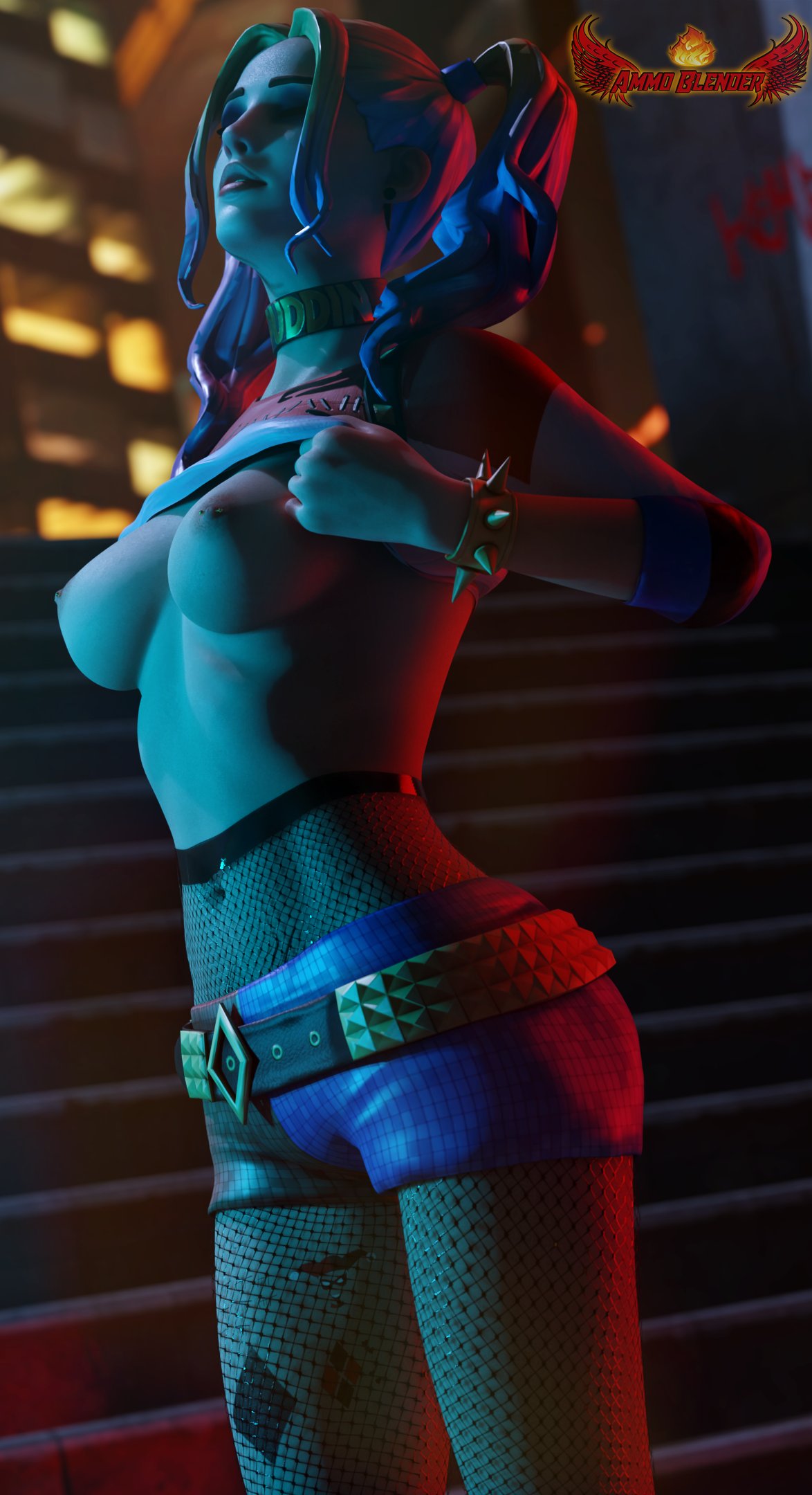 1girls 3d 3d_(artwork) ammo_blender areolae batman_(series) belt blonde_hair blue_highlights breasts choker closed_eyes dc dim_lighting dyed_hair eyeshadow female female_only fishnets flashing fortnite fortnite:_battle_royale harley_quinn harley_quinn_(fortnite) nipple_piercing nipples pink_highlights shirt_lift shirt_up short_shorts shorts solo spiked_bracelet suicide_squad tattoo twintails