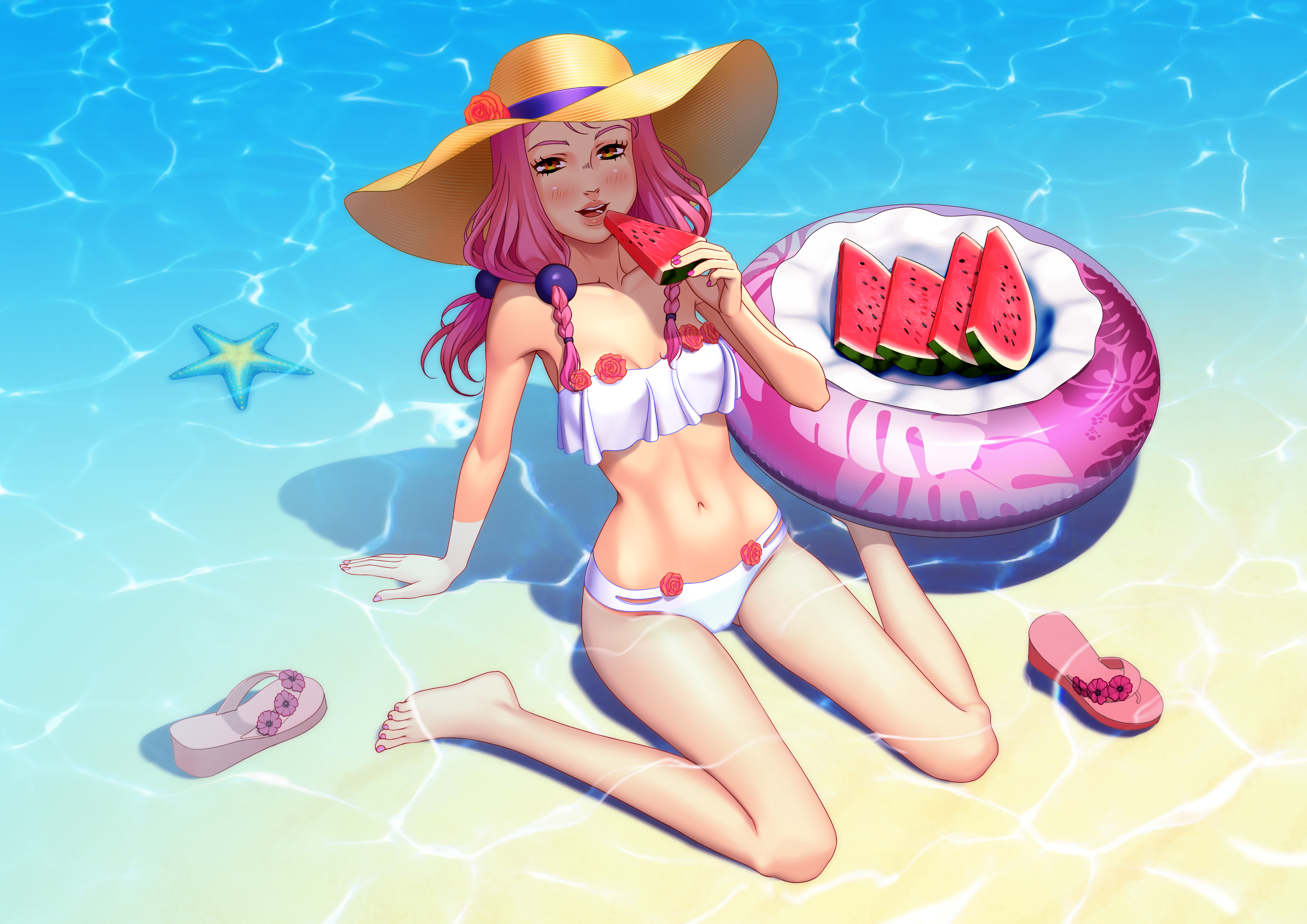 beach, blush, flip flops, jojo's bizarre adventure, jojolion, legendarysoulii, long hair, nail polish, orange eyes, pink hair, pool float, sandals, starfish, sun hat, swimwear, wariza, water, watermelon, yasuho hirose