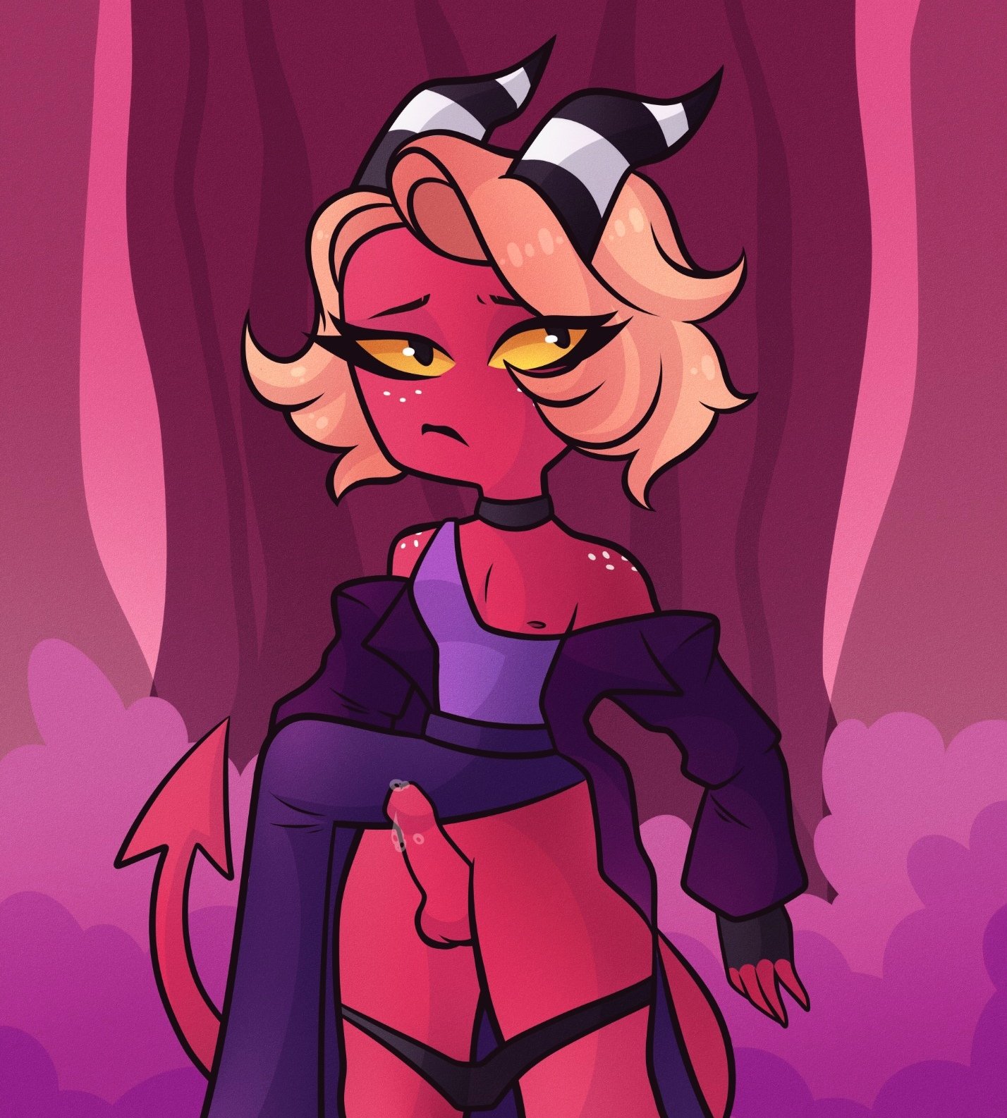 1boy, artist request, crossdressing, demon, dress, eyelashes, femboy, femboy dilf, freckles, helluva boss, horn, horns, imp, male, male only, moxxie (helluva boss), no humans, non-human, non-human only, panties, red body, red skin, underwear, undressing, vivienne medrano, yellow sclera
