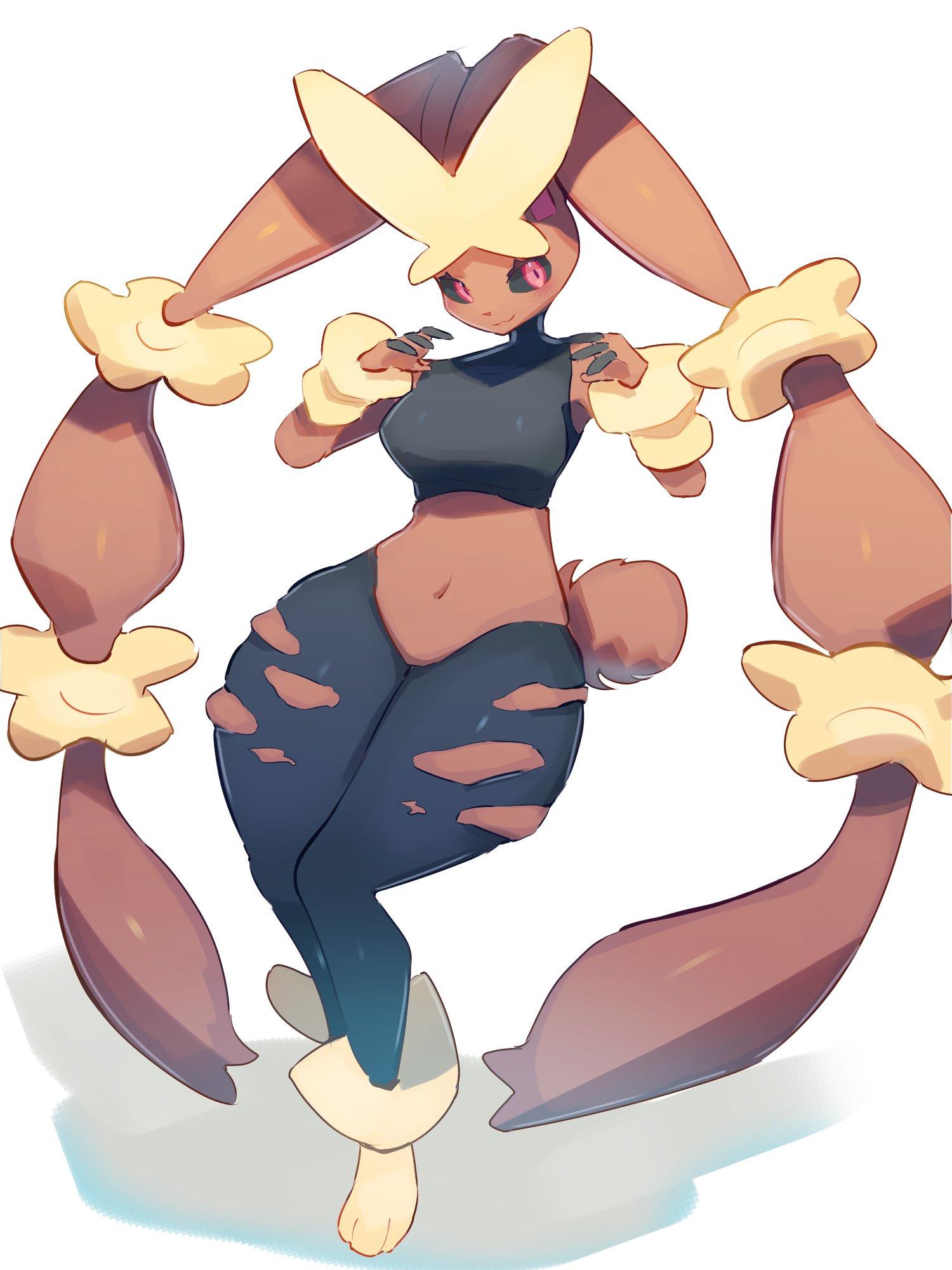 breasts, brown body, brown skin, clothed, clothing, female, female only, game freak, lopunny, mega lopunny, nintendo, pokemon, pokemon (species), red eyes, ripped pants, simple background, solo female, tagme, thick thighs, unknown artist, white background, wide hips
