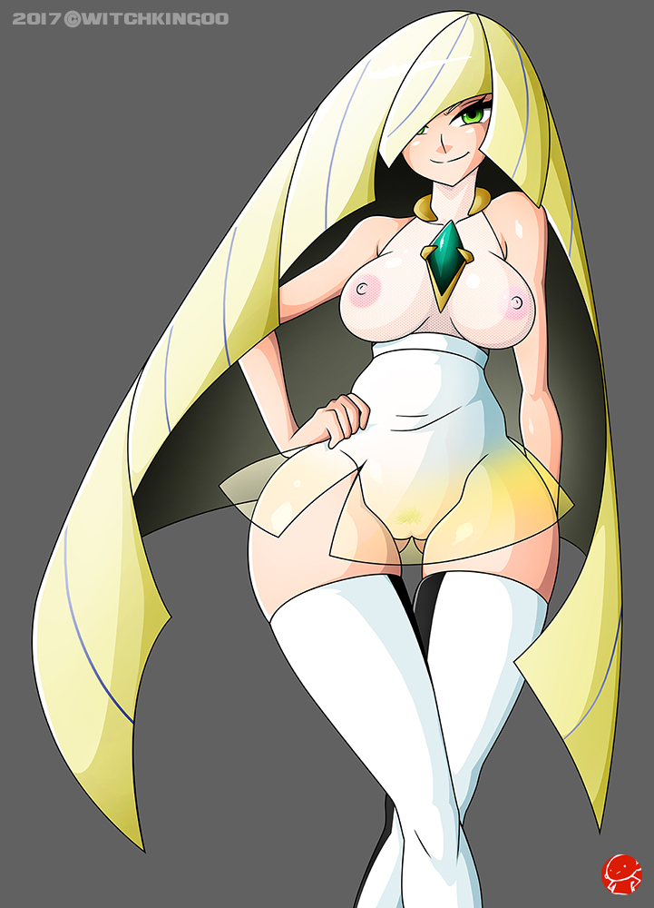 2017, blonde hair, breasts, exposed breasts, female, green eyes, hand on hip, light skin, long hair, lusamine (pokemon), mature, mature female, milf, nintendo, no bra, pokemon, pokemon sm, revealing clothes, see-through, skirt, smile, solo, thighhighs, witchking00